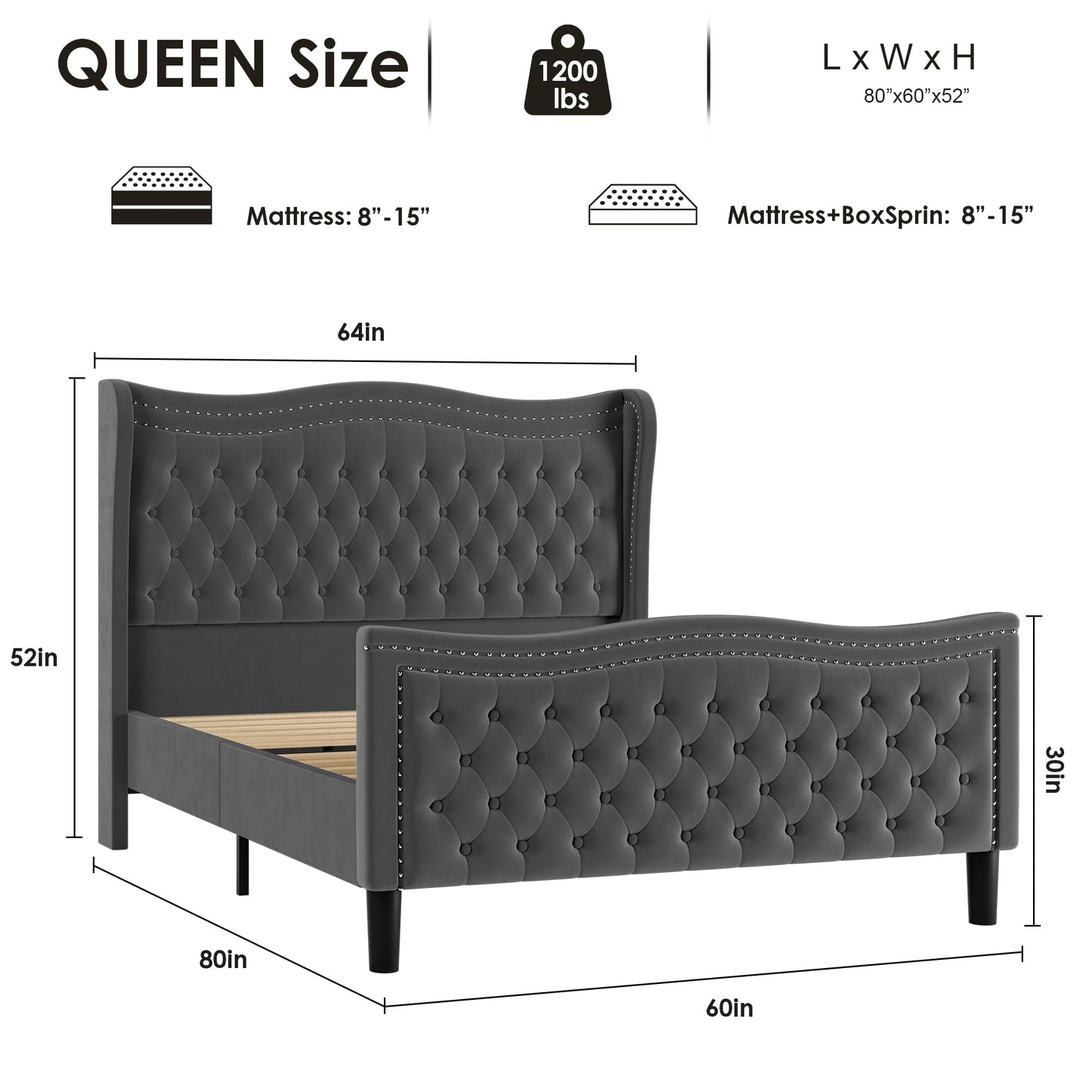 VINTLJUS Queen Bed Frame with Tall Headboard & Footboard, Velvet Upholstered Platform Bed Frame with Deep Button Tufted Wingback, No Box Spring Needed, Noise Free, Grey