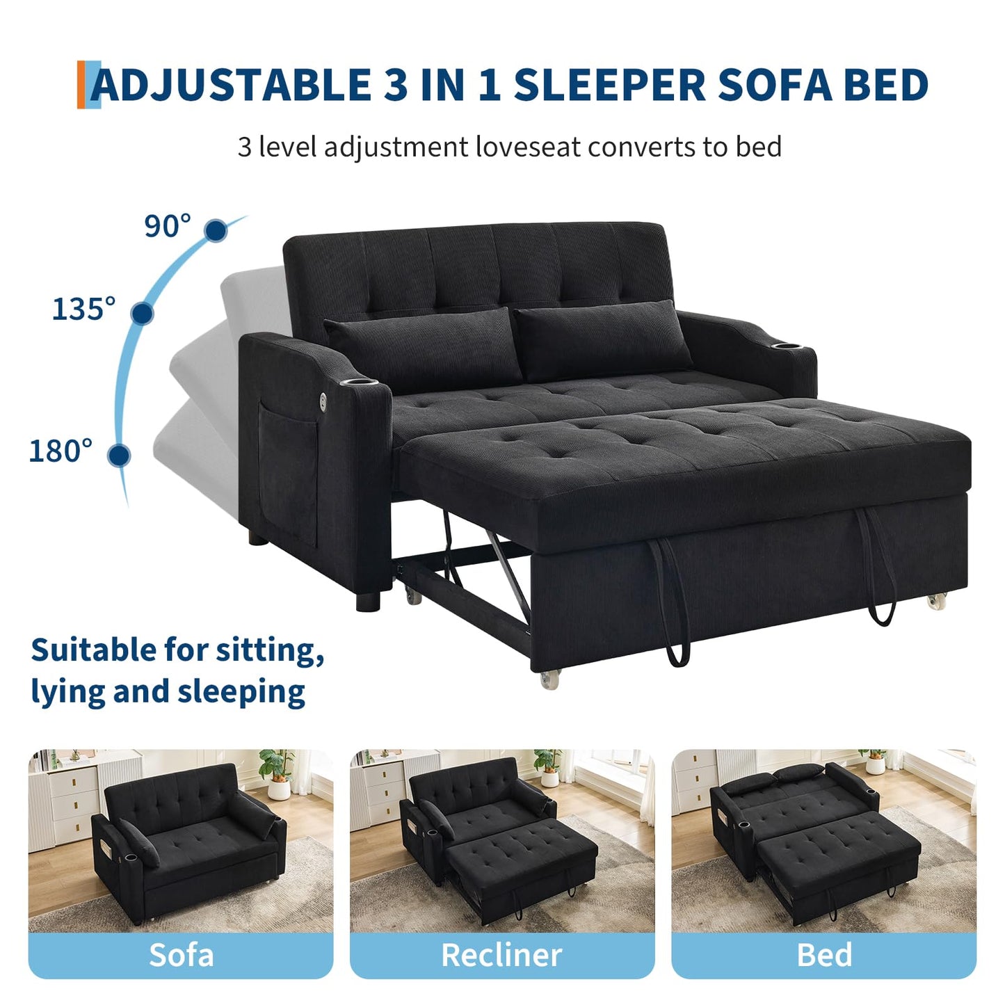 PeacefulHues Sofa Bed Couch, Futon Sleeper Couches with Pull Out Bed, USB Convertible Sofa Cama for Small Spaces, Living Room or Rv 3 in 1 Loveseat Furniture That Turns into Lounge Recliner