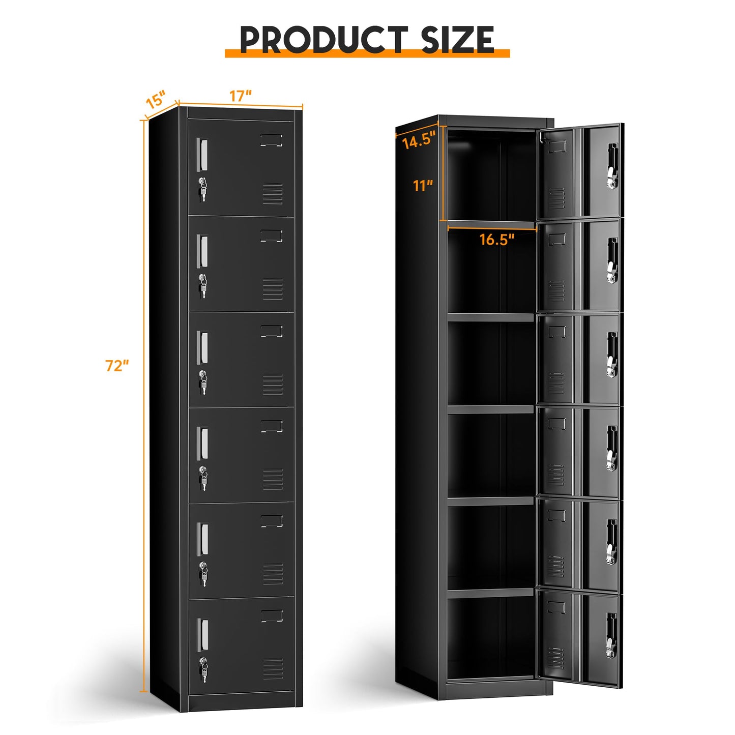 Bonusall Employees Lockers,Metal Office Storage Locker with 6 Door, Tall Steel Lockers with Keys and Lock for School, Gym, Home, Garage,Black
