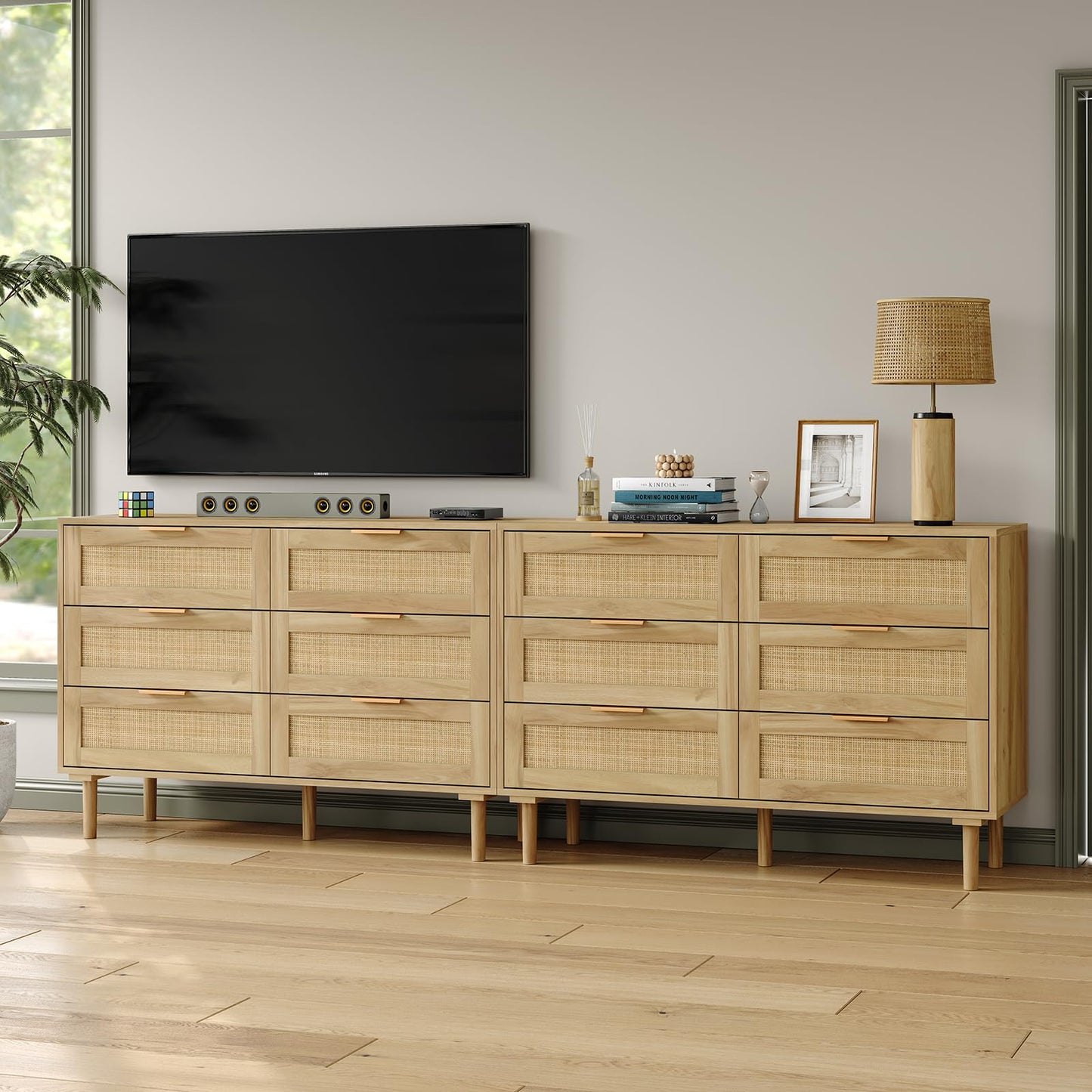 Furniouse 6 Drawer Rattan Dresser for Bedroom Wood Boho Dressers with Solid-Wood Legs & Natural Real Rattan Drawer, Modern Chest of Drawers Beside Table for Bedroom, Living Room
