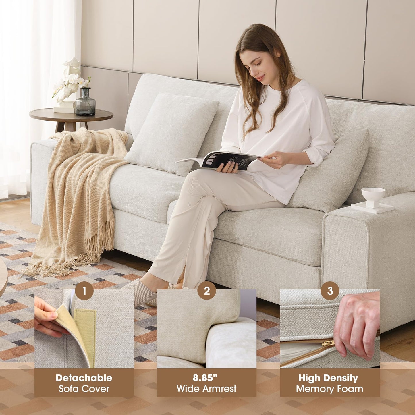 DOPEDIO Modern Loveseat Sofa for Living Room,Chenille Recliner, Removable Cover, Spring Cushions, Solid Wood Frame, Easy Assembly for Small Spaces (88.58inch，Beige)