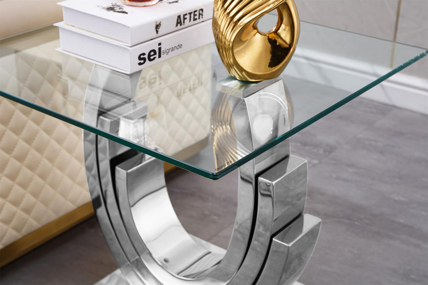 SSLine 1 Piece Living Room End Table Luxury Glass Side Table, Modern Silver End Table with Ring-Shape Stainless Steel Pedestal Base for Living Room Bedroom Office(1 End Table)