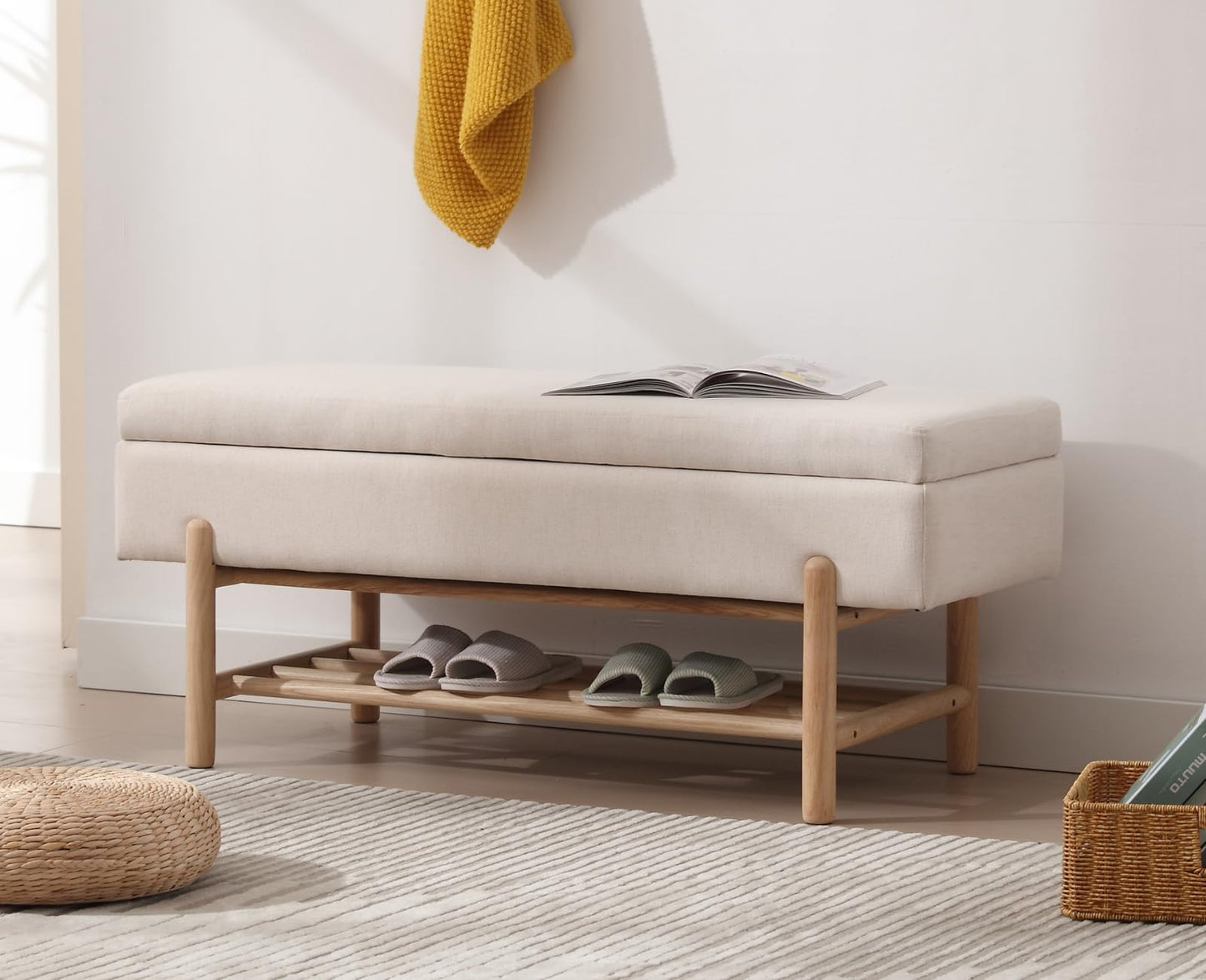 Shunzhi Modern Entryway Bench Upholstered Flip-Top Shoe Storage Bench Linen Fabric Ottoman Bench End of Bed Bench with Wood Frame/Shelf for Living Room/Bedroom/Hallway,45.25 Inches, Beige