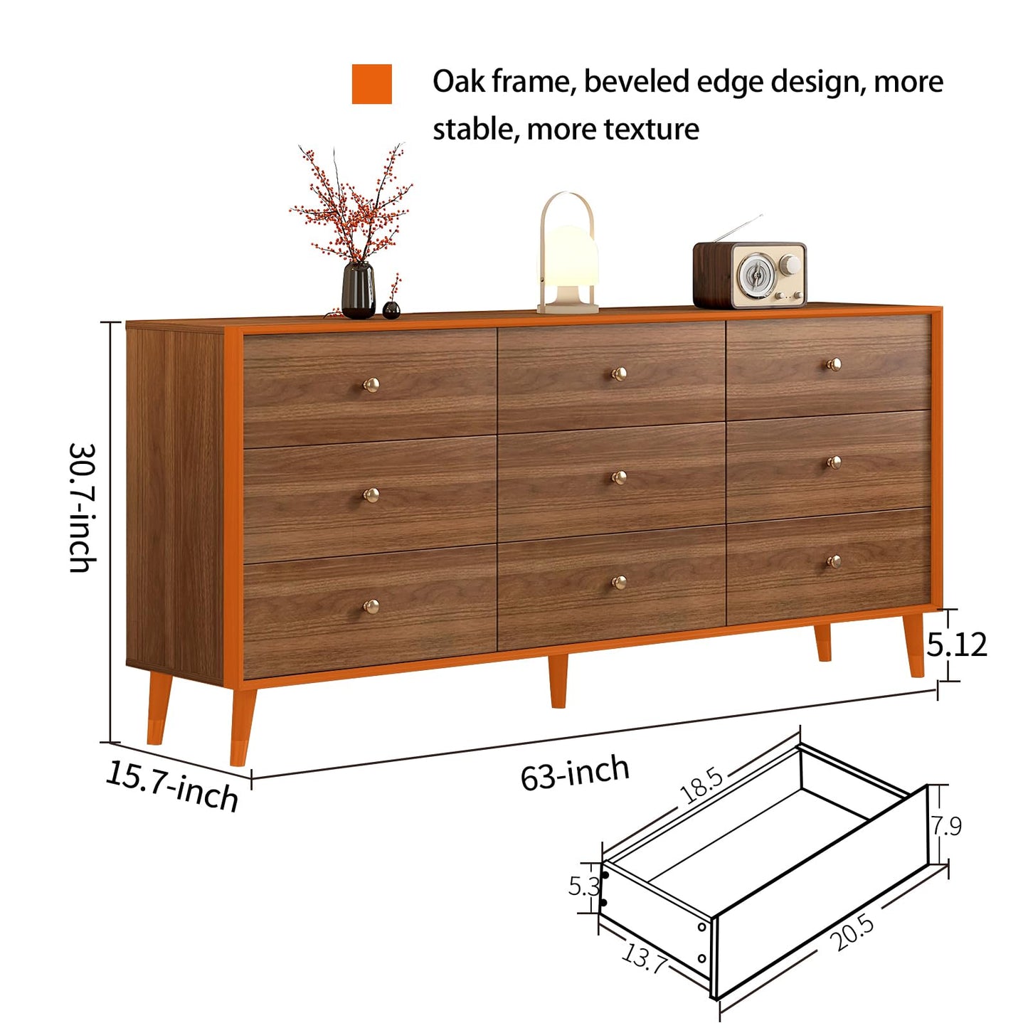 Messenya Mid Century Modern 9-Drawer Dresser, 63 Inch Wide Solid Wood Frame Chest, Walnut Finish, Beveled Design, Heavy-Duty Drawer Glides, Storage Cabinet for Bedroom, Living Room, TV Stand