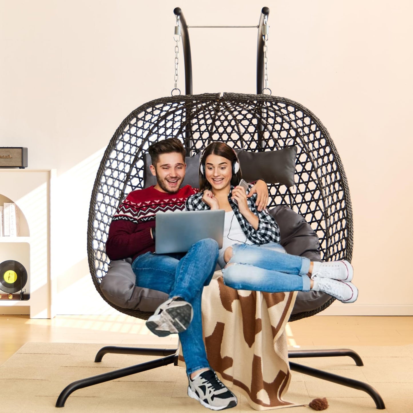 Double Swing Egg Chair with Stand, Foldable Wicker Hanging Swing Chair for Outdoor Garden Patio, 2 Person Egg Chair Loveseat with Removable Cushions (Dark Gray)
