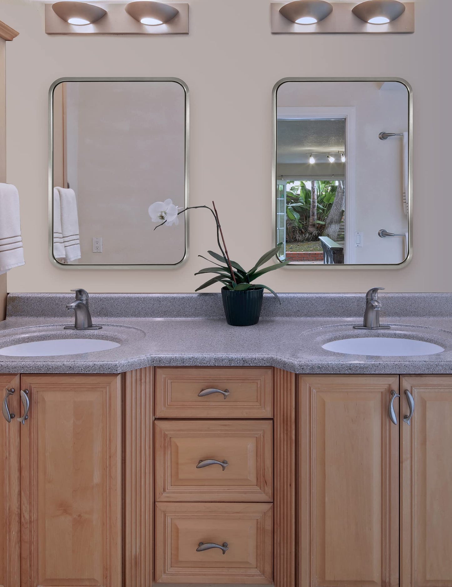 ANDY STAR Brushed Nickel Bathroom Mirror, 22x30'' Rounded Rectangle Modern Vanity Mirror, SUS304 Metal Tube Framed, Rustproof, 1'' Deep, Wall Mounted Vertically/Horizontally