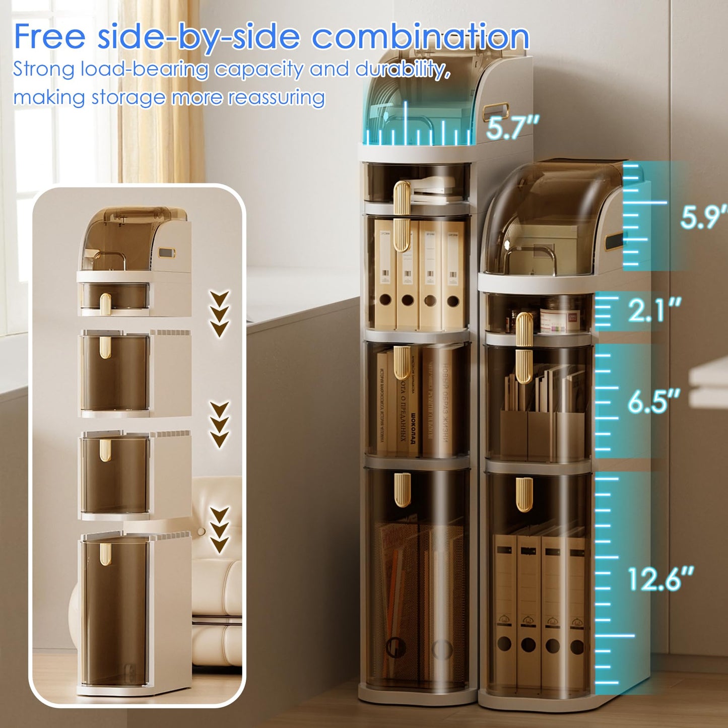 SHANGSHA Narrow Bathroom Storage Cabinet 7.1″ Slim Bathroom Floor Organizer with Drawers and Tissue Box Plastic Waterproof Mobile Locker with Wheels for Small Kitchen Laundry Living Room (4 Tiers)
