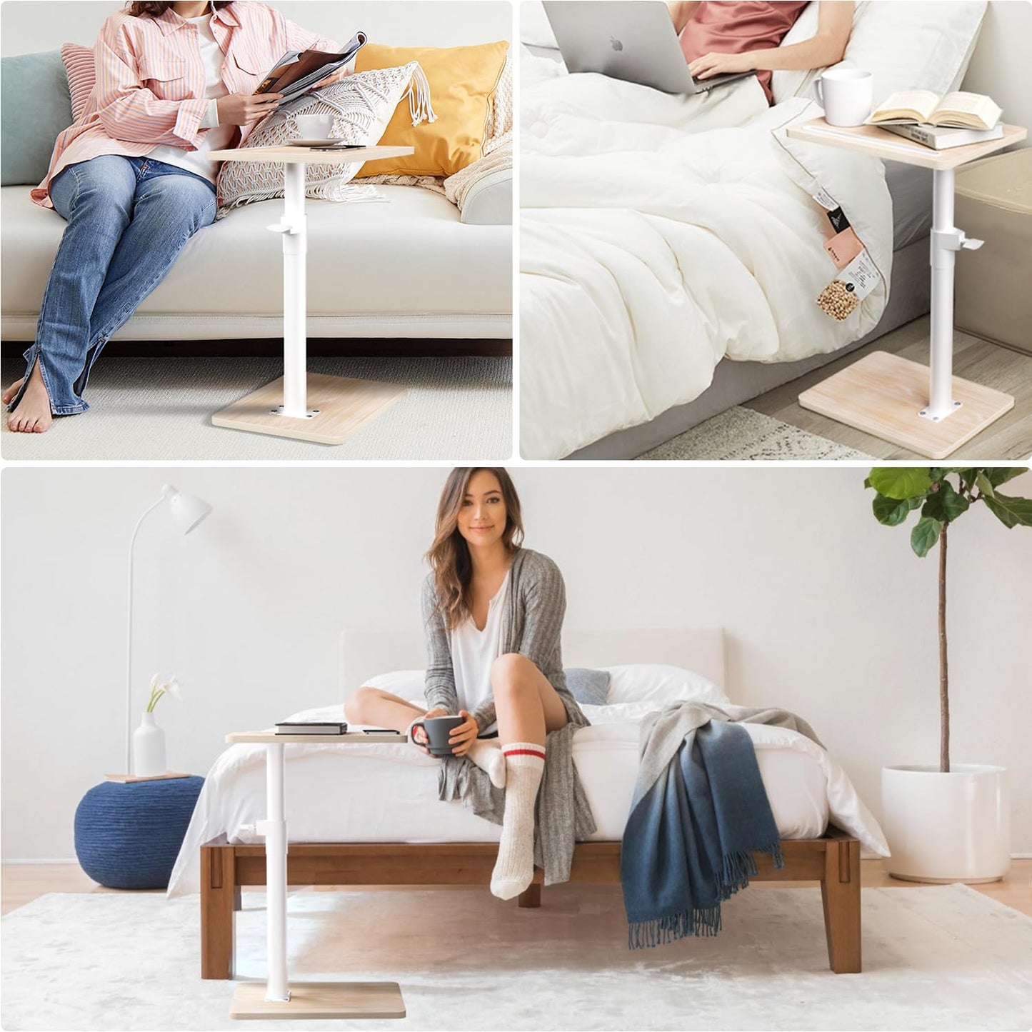 YUHFERA Sofa Armrest Tray Table for Couch - 360° Swivel Height Adjustable End for Small Spaces, Snack Side Table for Bed or Chair with Phone & Tablet Slot (Oak,Standard)