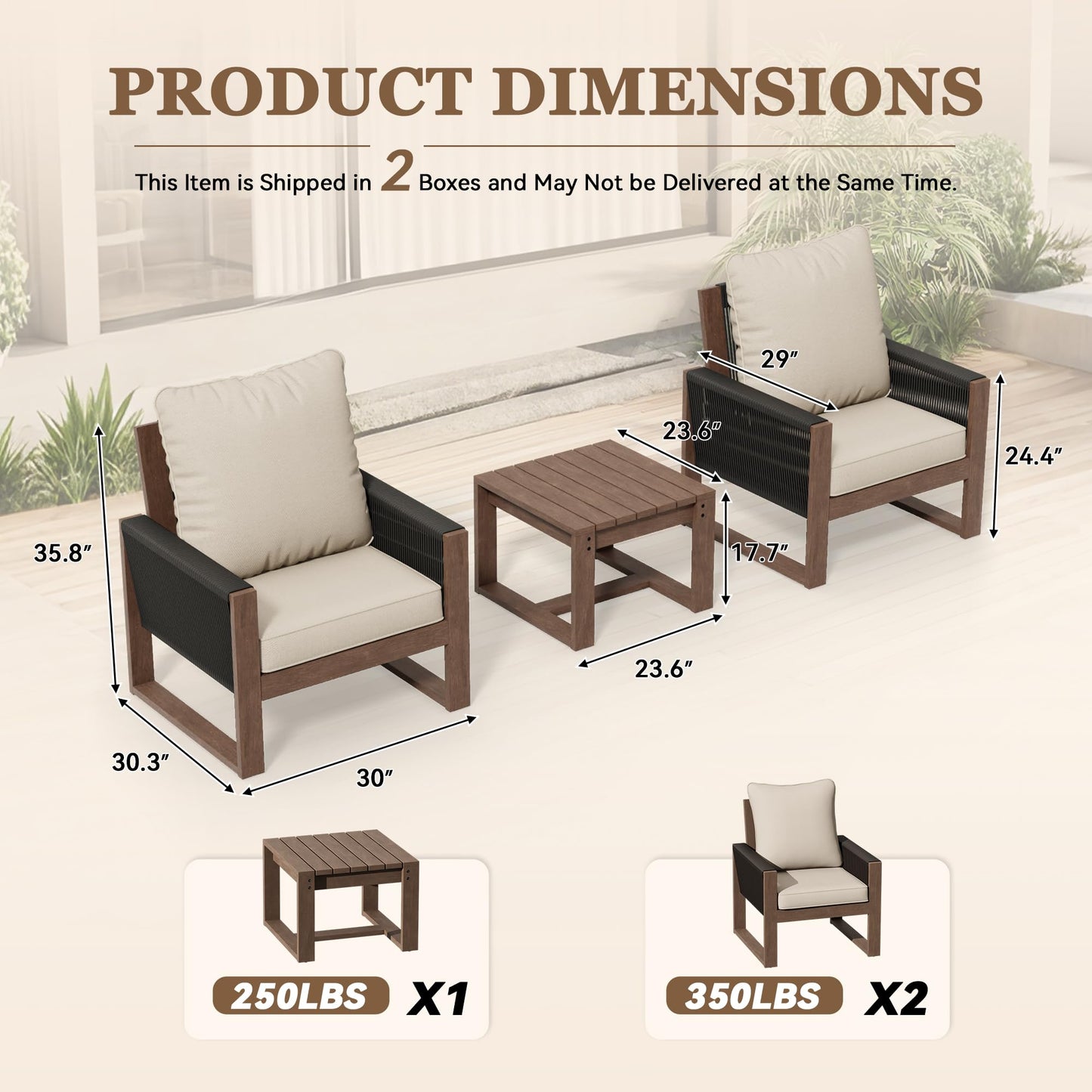 Audumas Patio Chairs 3 Piece Wood Patio Furniture with Coffee Table & Cushions, PE Wicker Outdoor Conversation Set Balcony Chairs for Garden, Porch, Deck, Backyard