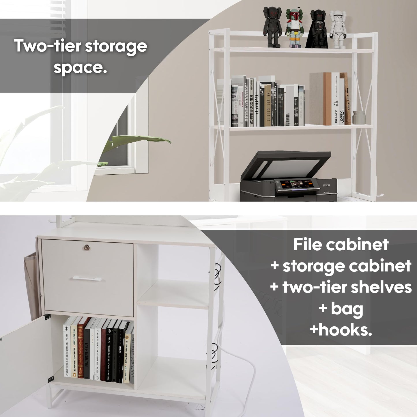 Zethvax Vertical File Cabinet,Filing Cabinet with Shelves,Charging Station,Hanging Pouch and Hooks,Vertical Filing Cabinet Fits Letter/A4/Legal Size (White)