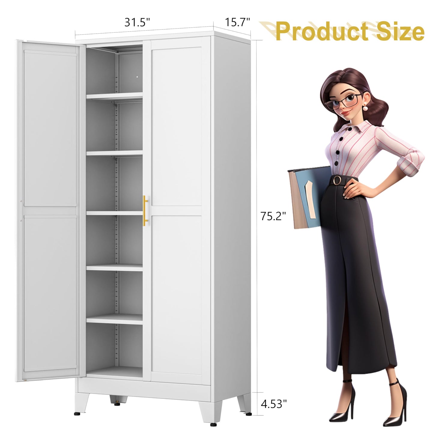 pozdeg 75” Tall Pantry Cabinet, Metal Kitchen Storage Cabinet with 2 Doors and 5 Adjustable Shelves, White Storage Cabinet Cupboard for Kitchen, Dining Room, Living Room and Bathroom (White)