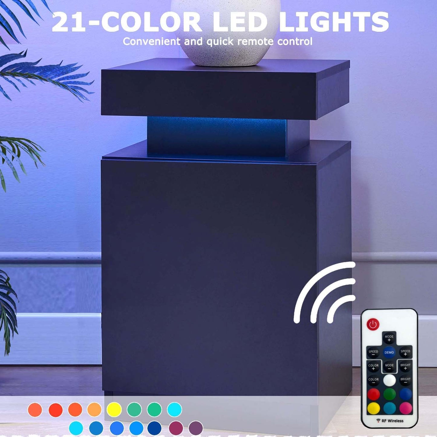 Black Nightstands Set of 2, Modern End Table with LED Lights, Bedside Table with Large Storage, 2 Night Stands for Bedrooms