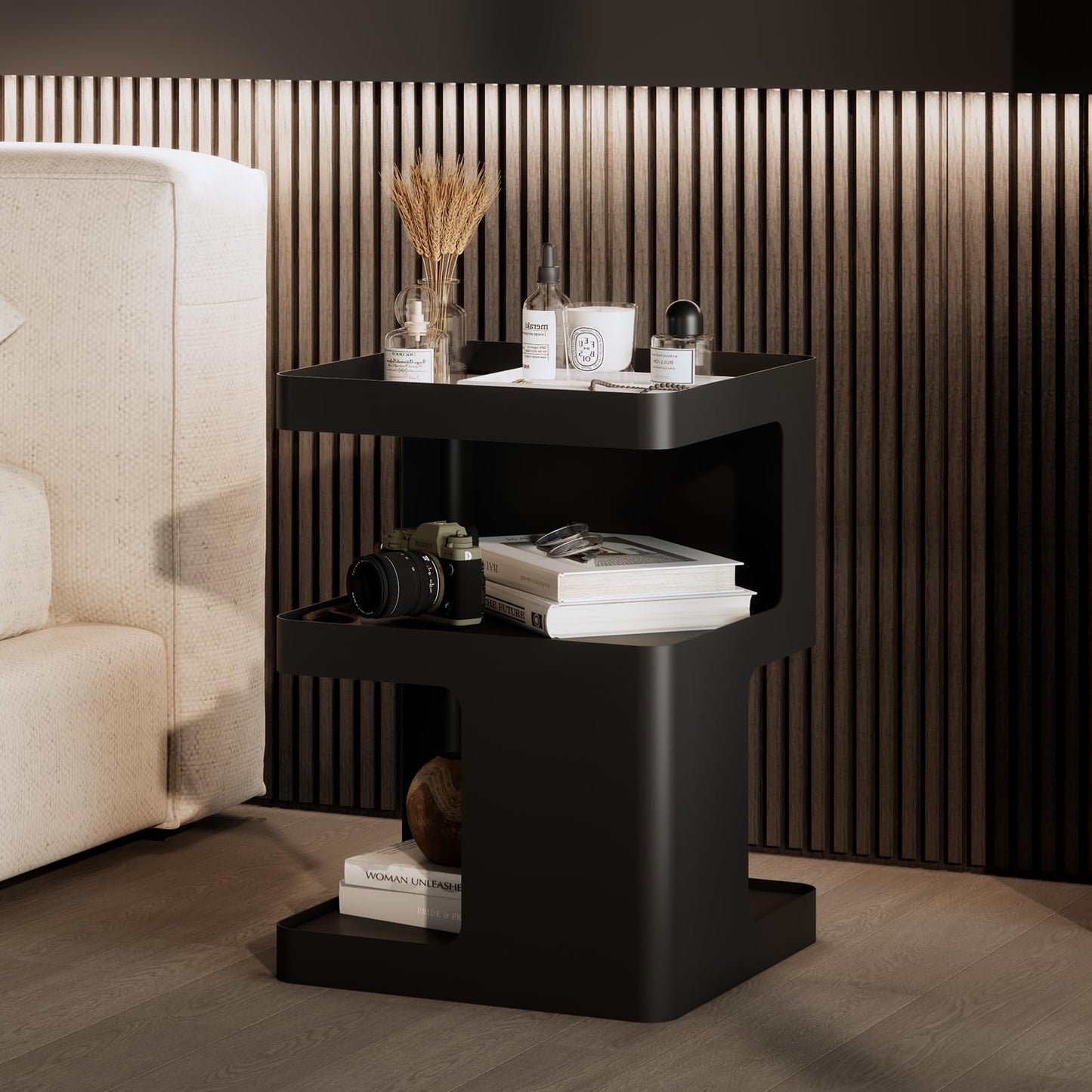 ZHBHYZ Modern Side Table,Small end Tables for Small Spaces,Black Metal nightstand,Bedside Tables,Accent Table with Storage for Couch, Bedroom,Living Room.No Assembly Required