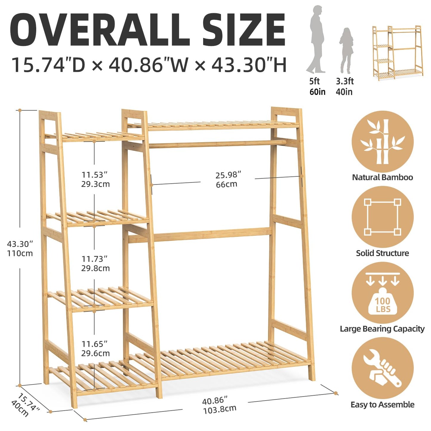 BAMBOOHOMIE Kids Clothing Rack with Shelves, Bamboo Clothes Garment Rack for Kids Child Baby, Kids Dress Up Storage Rack with Top Shelf, Toddlers Wardrobe Closet for Nursery (Medium Size)