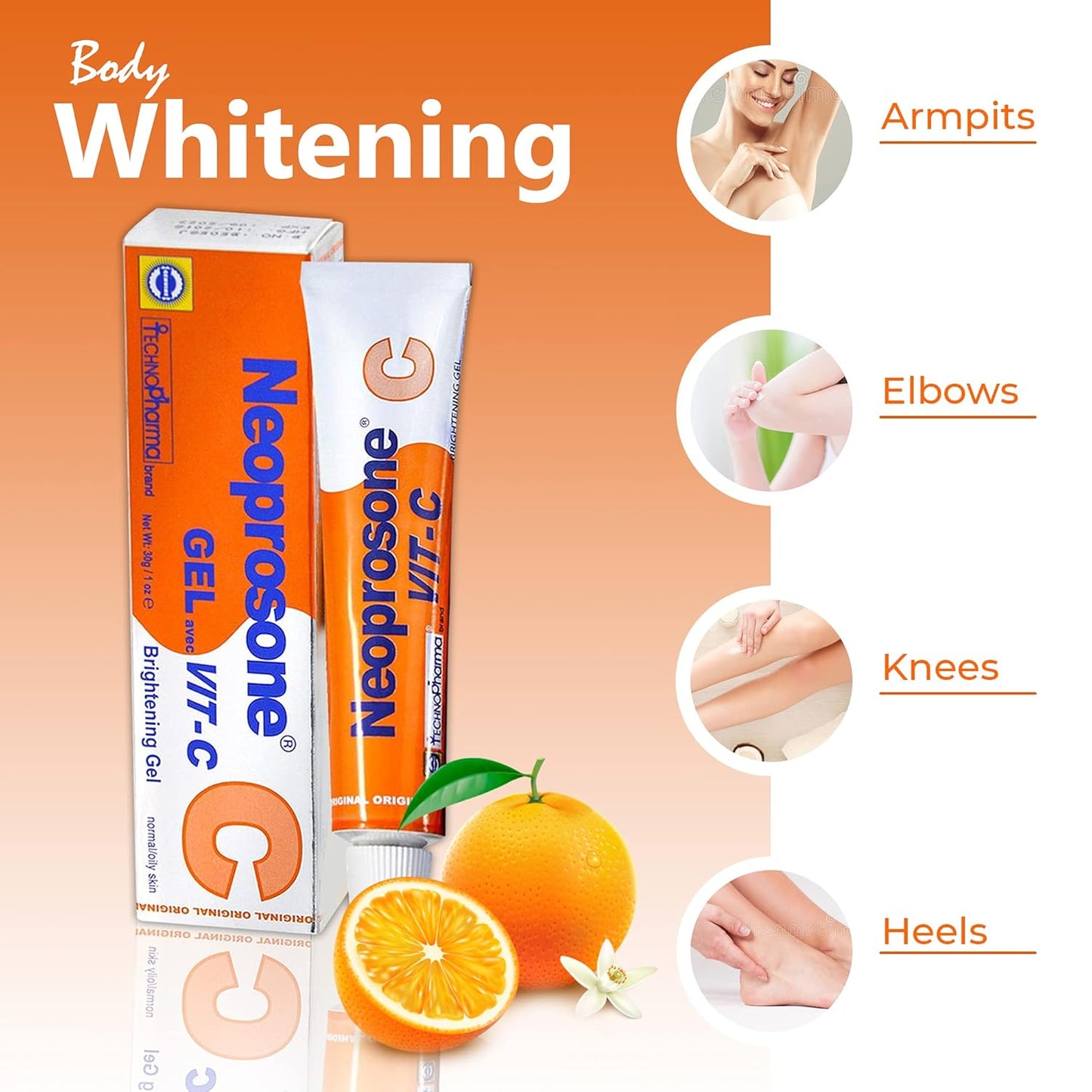 Neoprosone, Vitamin C Gel - 1 Fl oz / 30 ml - Brightening Gel Cream for Neck, Face, Body, Armpit, Hands - For Women and Men, with Alpha Arbutin