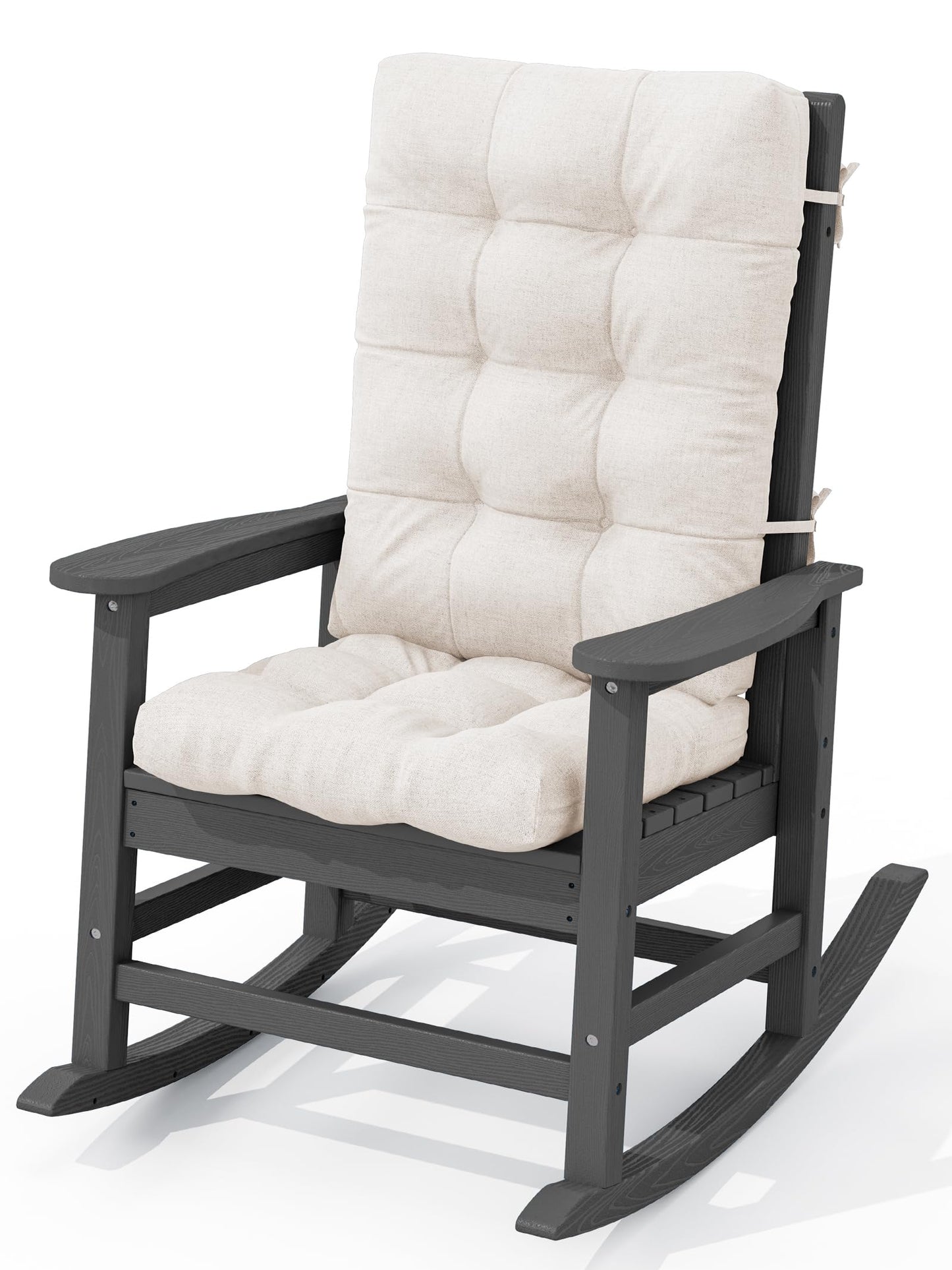 KINGYES HDPE Rocking Chair Outdoor with Thick Cushions, All-Weather Patio Rocking Chair Porch Rocker for Outside, Grey Chair with Beige Cushion