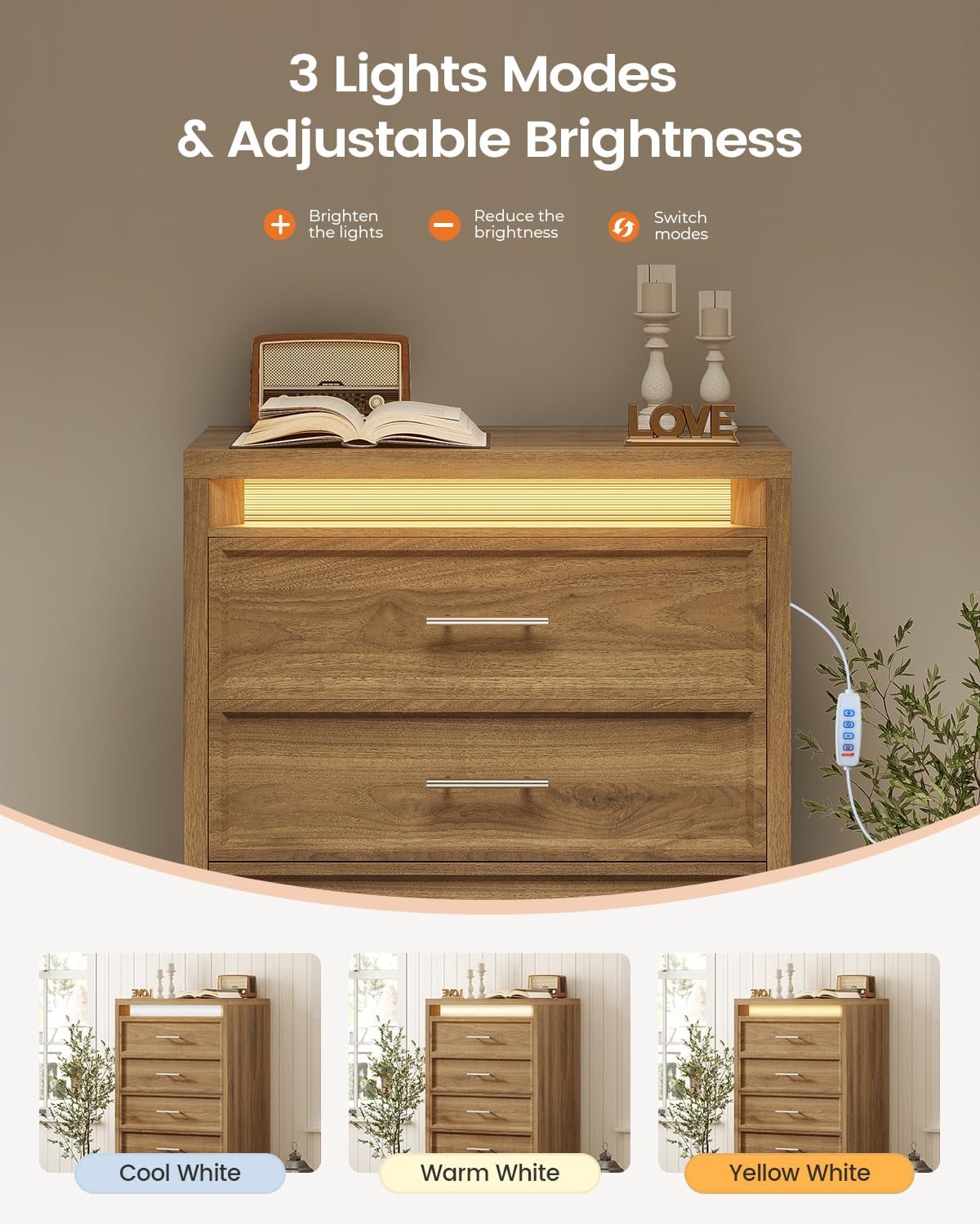 AOGLLATI Mid-Century Modern Dresser for Bedroom with 5 Drawer, Dressers& Chests of Drawers, 44.5” Tall Wood Dresser with 3 Color Lights for Bedroom, Wood