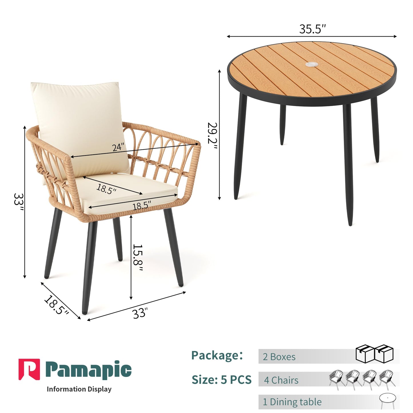 Pamapic 5-Pieces Patio Dining Set with Wood Table Top, All-Weather PE Rattan Patio Furniture Set, Outdoor Dining Furniture with Removable Cushion Chairs & Round Table for Garden Lawn Patio,Cream