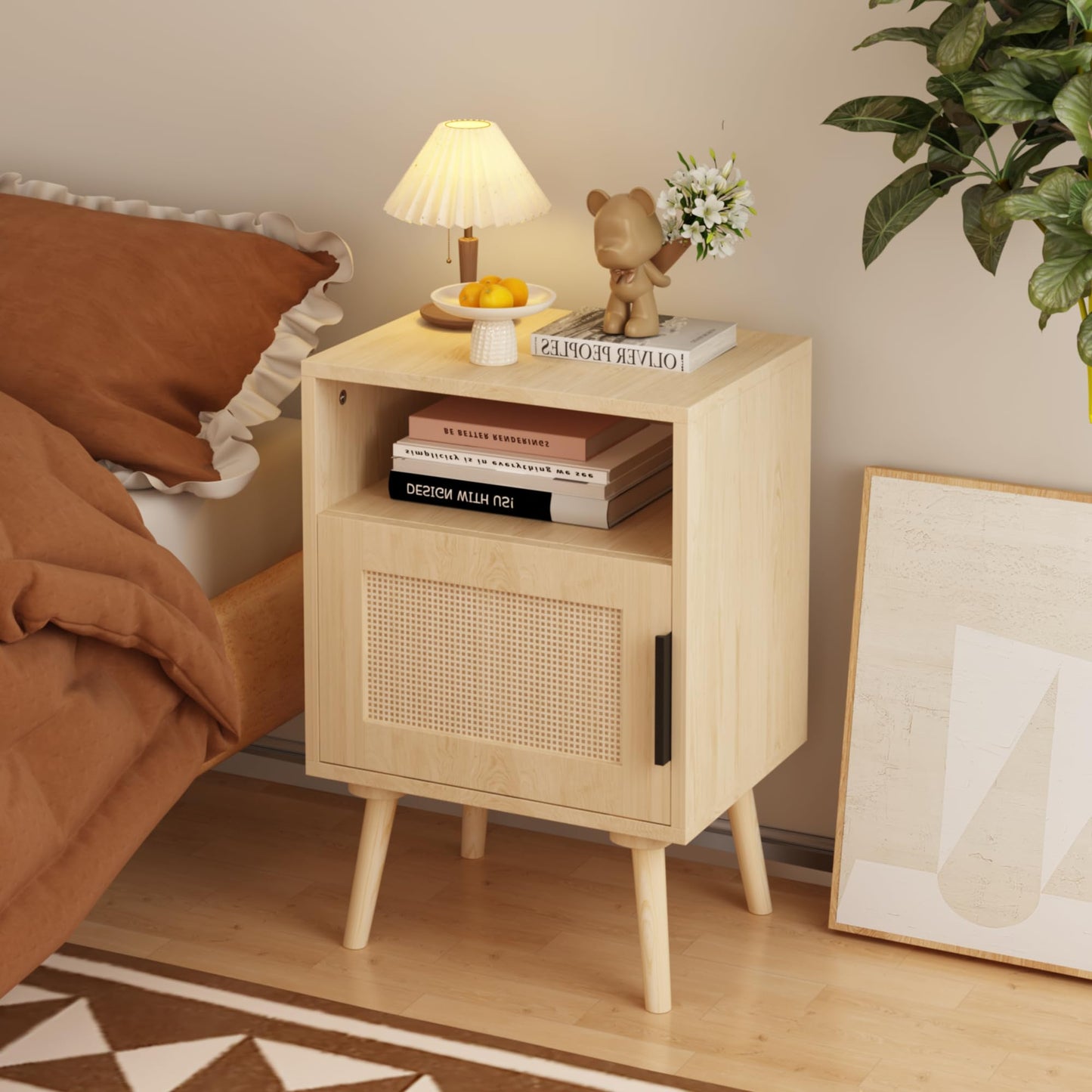 SweetGO corporation Rattan Nightstand, Side Table with Door Open Shelf, Accent Bedside End Table with Solid Wood Legs for Bedroom, Dorm and Small Spaces