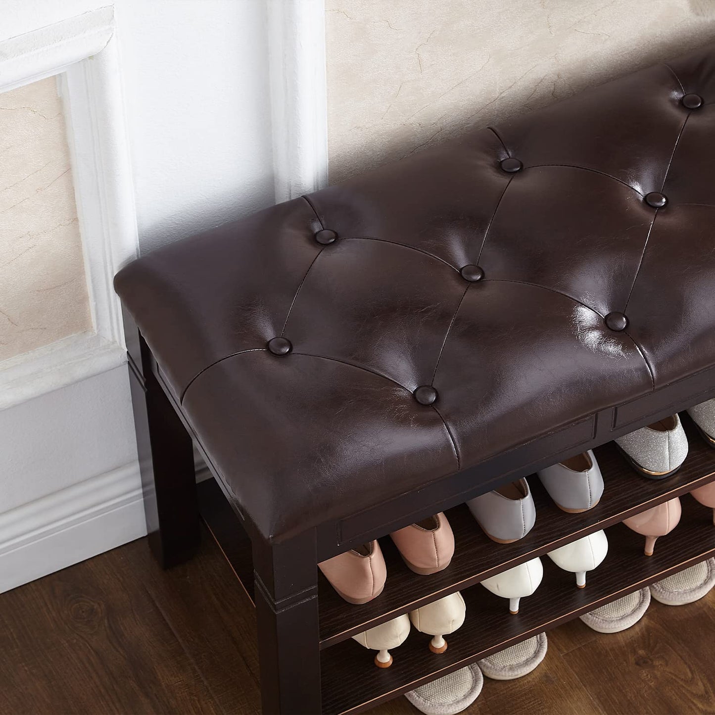 HOOTSMALL Shoe Storage Bench with Cushion, Entry Bench with Storage Solid Wood Shoe Bench Ideal for Entryway Living Room and Corridor (Brown, 31.5'')
