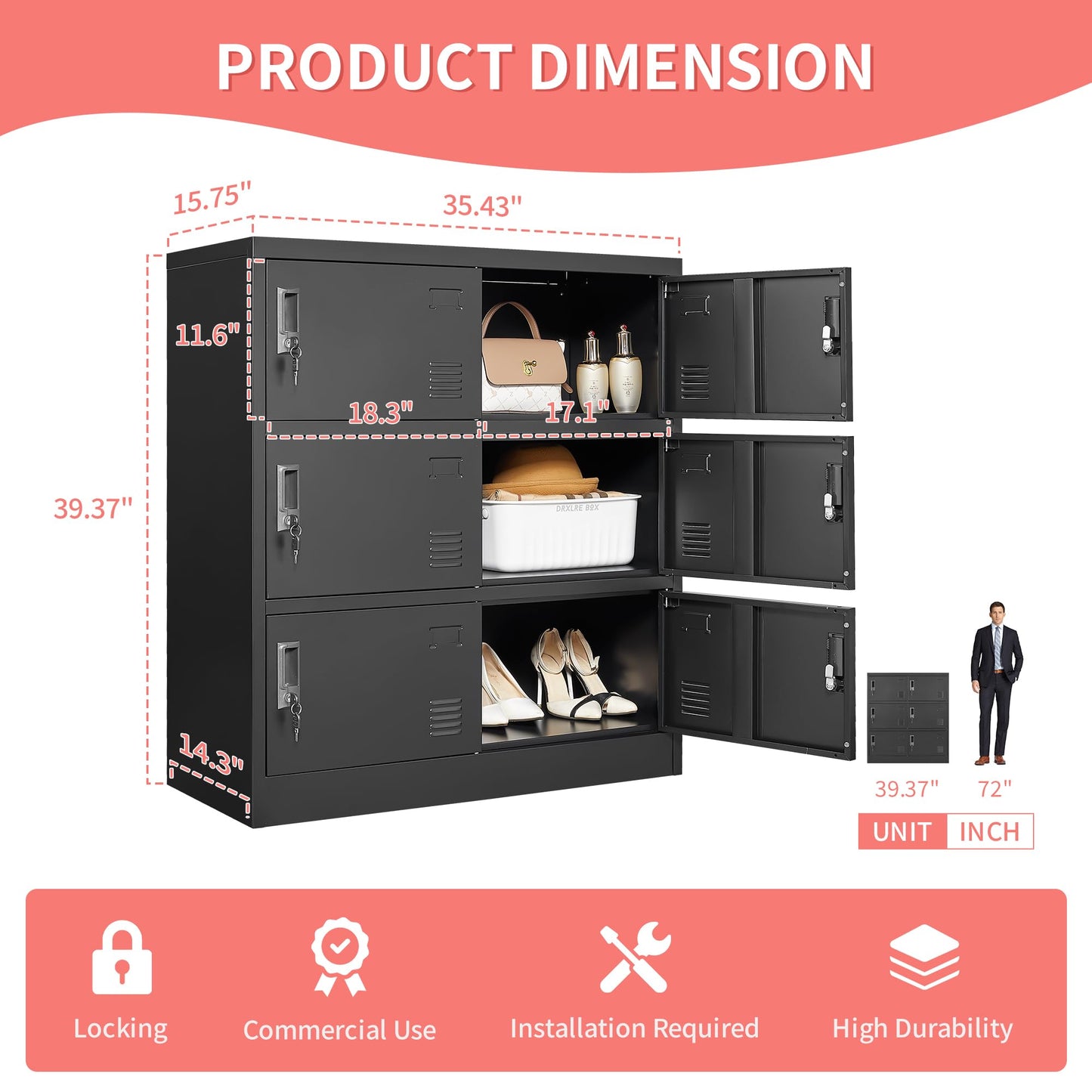 IKIMI Metal Lockers for Employees, Office Storage Locker with 6 Doors, Black, 35.43" W x 15.75" D x 39.37" H, Steel Staff Locker Storage Cabinet for Gym, Home, School, Garage, Assembly Required