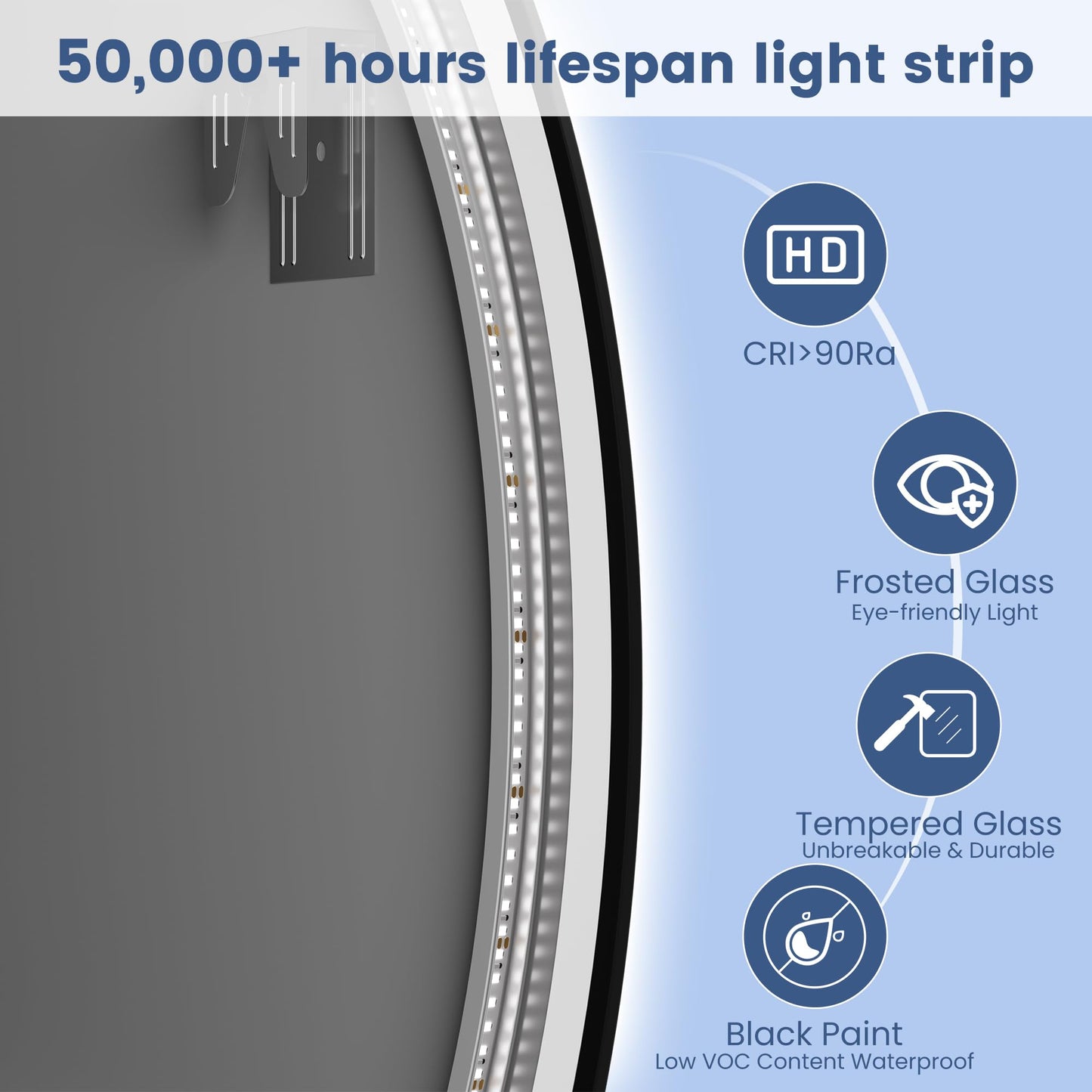 STARLEAD LED-Bathroom-Mirror-with-Lights, 24" Wall-Mounted with Bluetooth Speaker, Anti-Fog, 3 Color Temperature Dimmable Brightness, Waterproof, Frontlit & Backlit, Black Frameless Round