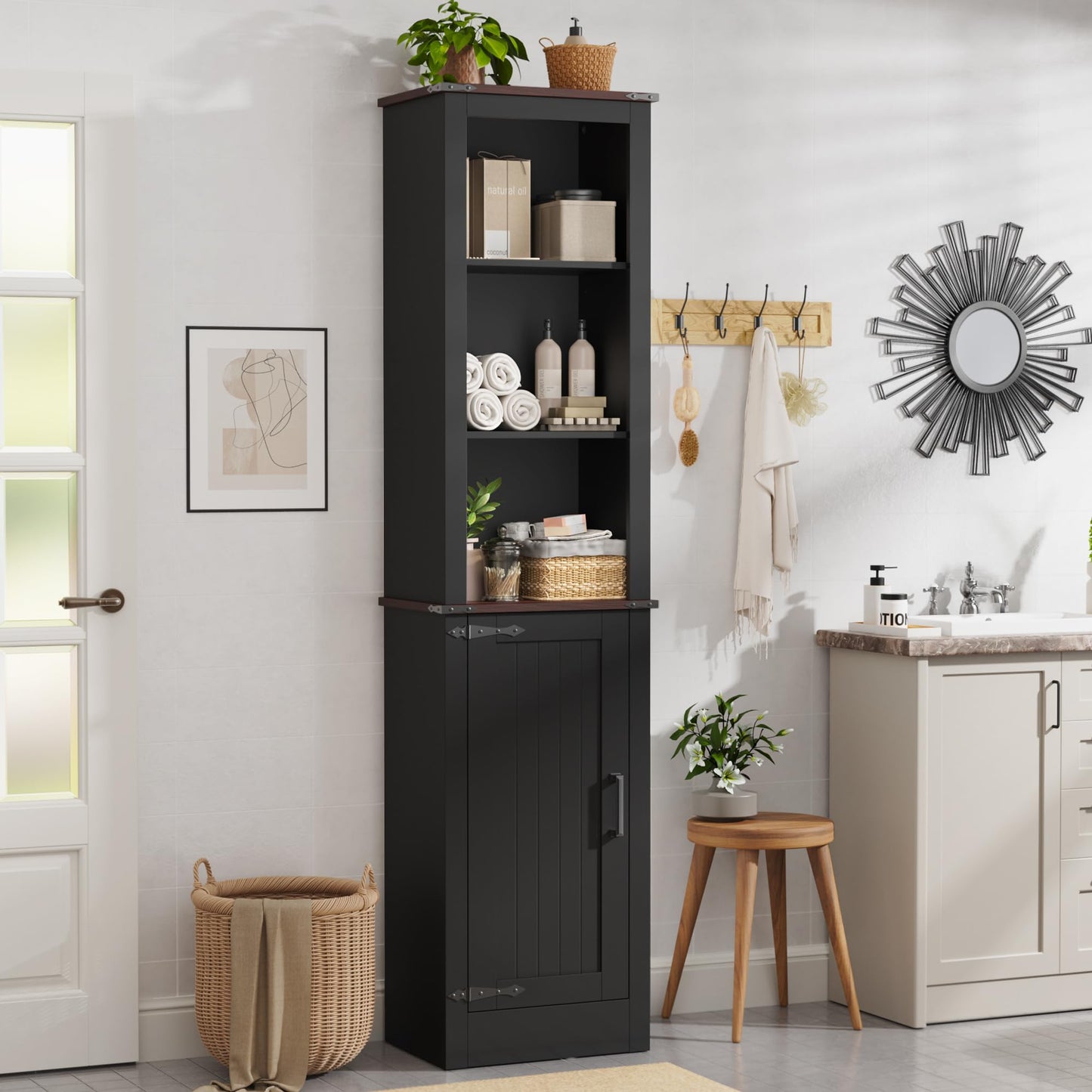MHOM 71" Tall Bathroom Cabinet. Farmhouse Storage Cabinet with Adjustable Shelves, Narrow Linen Cabinet for Bathroom, Laundry, and, Living Room, Black