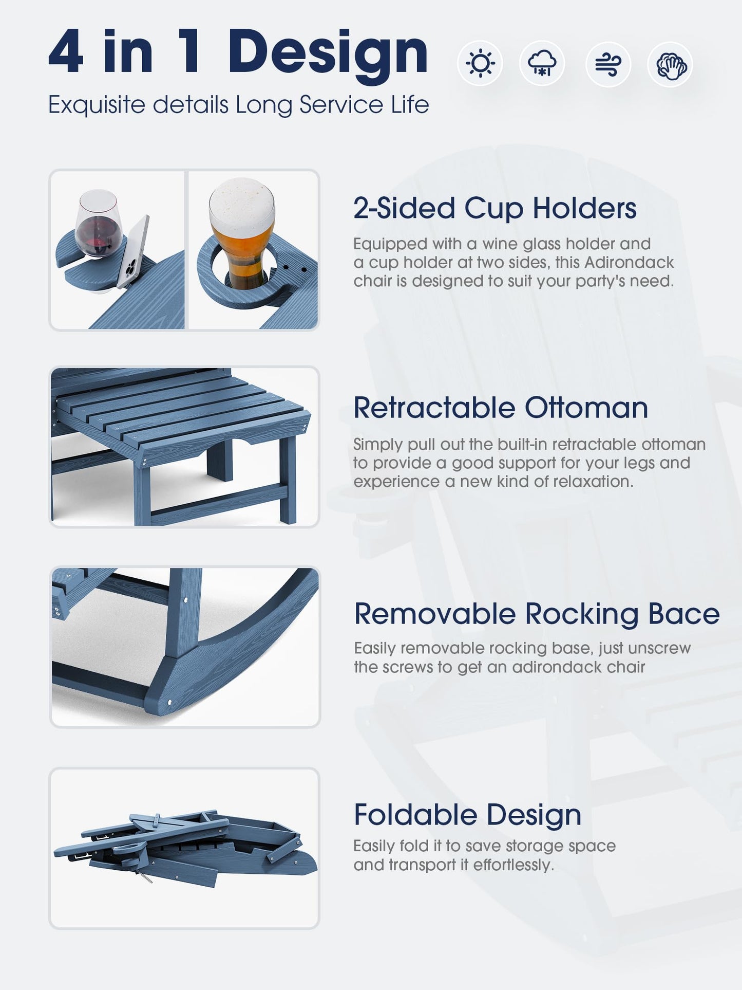 KINGYES Adirondack Rocking Chair with Retractable Ottoman and Cup Holders, HDPE Adirondack Rocker Patio Rocking Chair for Porch, Patio, Balcony, Deep Blue