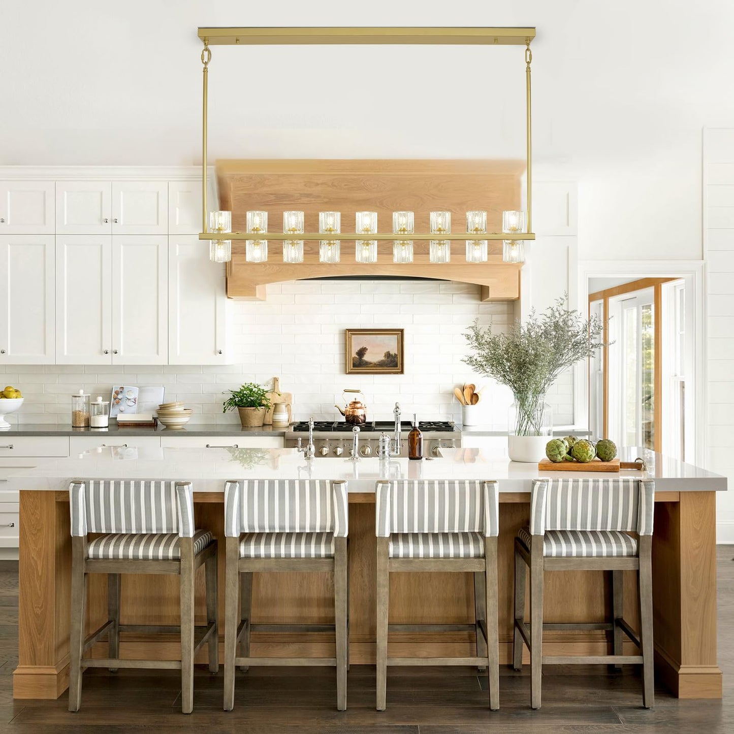 GRUSTRUST Gold Chandelier, 42" Kitchen Island Lighting Rectangle Linear Chandeliers, Dining Room Light Fixture Over Table, Brass Chandelier with Crystal Modern Pendant Light, Bulbs18xG4 Included