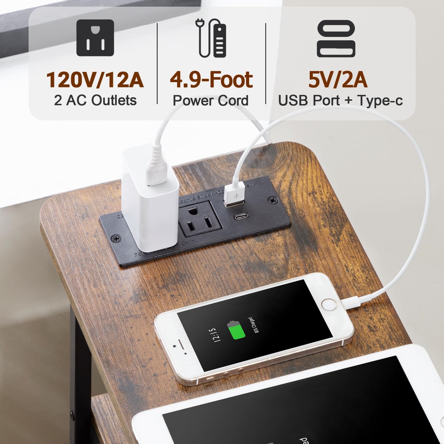 LOAKEKEL Narrow End Tables Living Room Set of 2 with Charging Station, Skinny Side Table with Fabric Drawers, Slim Nightstand for Bedroom, Small Spaces, Couch, Brown, HETNDP02BR