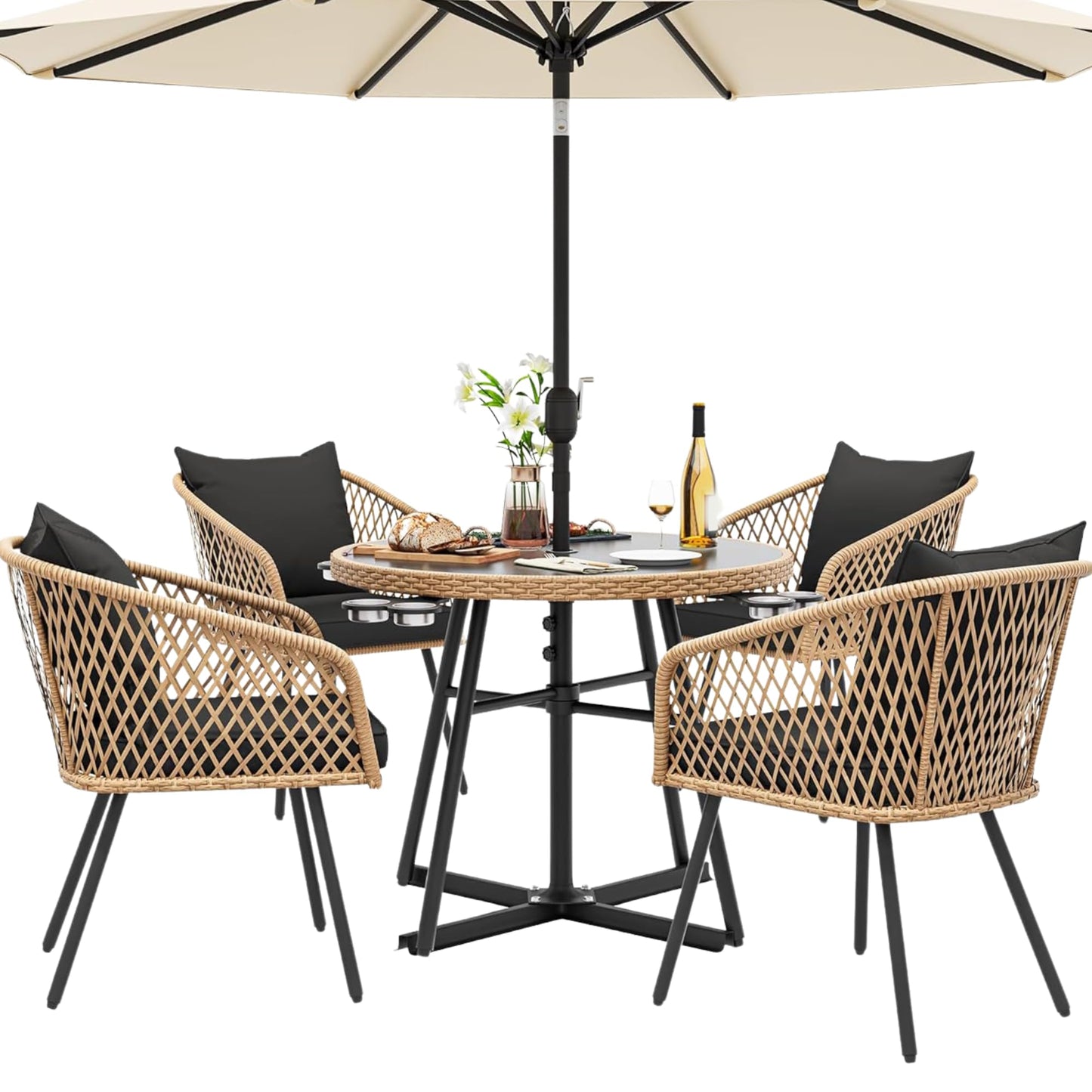 YITAHOME 5 Piece Outdoor Dining Set w/Padded Cushions, Round Patio Table and Chairs with 4 Rattan Chairs, Glass Top Dining Table & Cup Holders for Patio, Backyard, Garden, Porch, Light Brown & Black