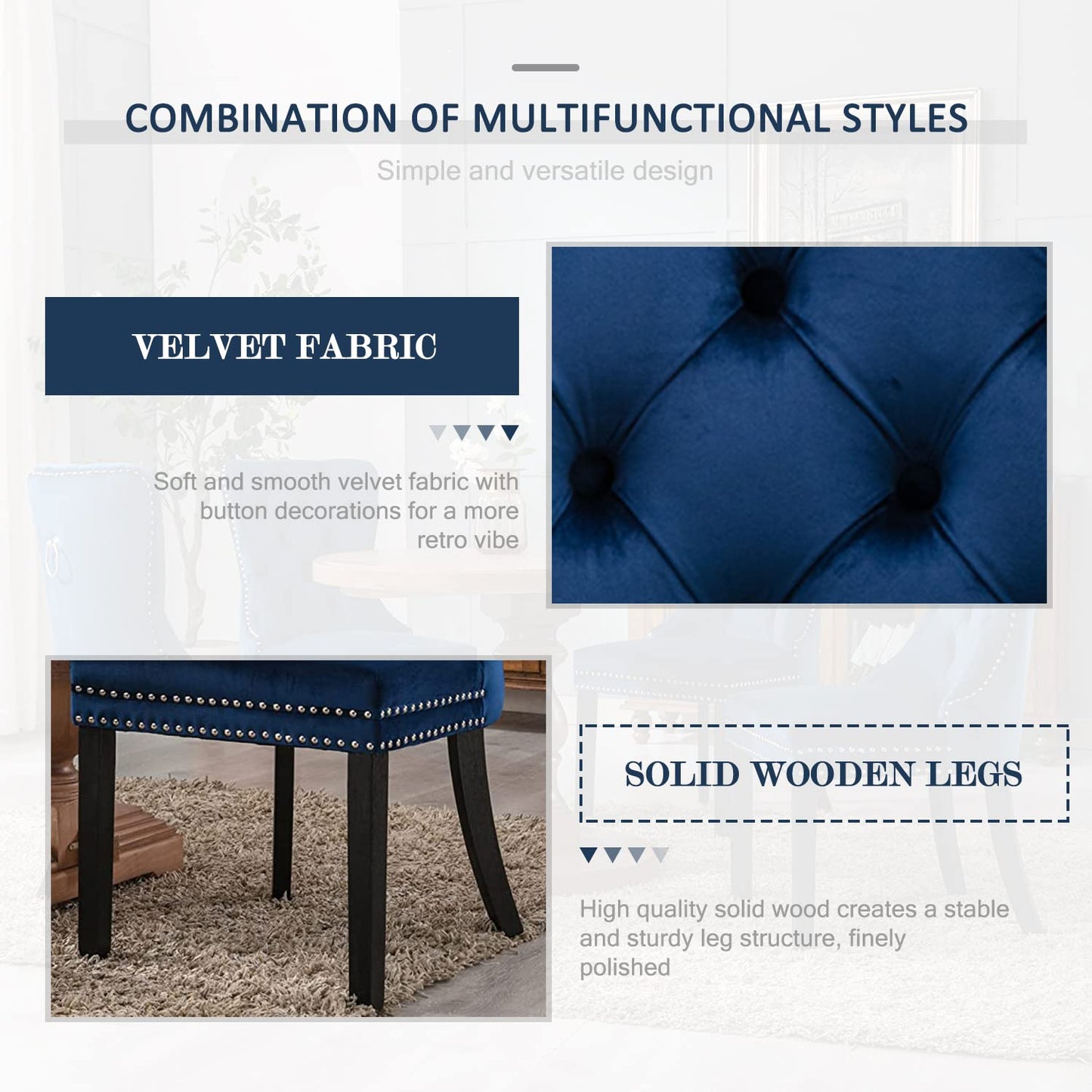 Eifizek Velvet Dining Chairs Set of 4, Tufted Dining Room Chairs with Nailhead Ring Pull Trim, Upholstered Dining Chairs with Solid Wood Legs for Kitchen Dining Room, Sillas De Comedor (Blue)