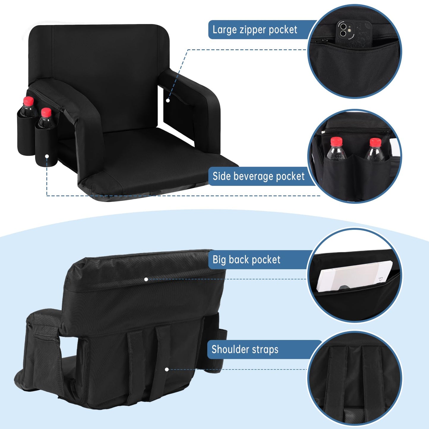 LING RONG 25 Inch Wide Stadium Seats 2 Pack, Bleacher Chairs with Back and Cushion, Reclining Bleacher Seat with Backrest, Stadium Chair Bleacher Cushion (Black)