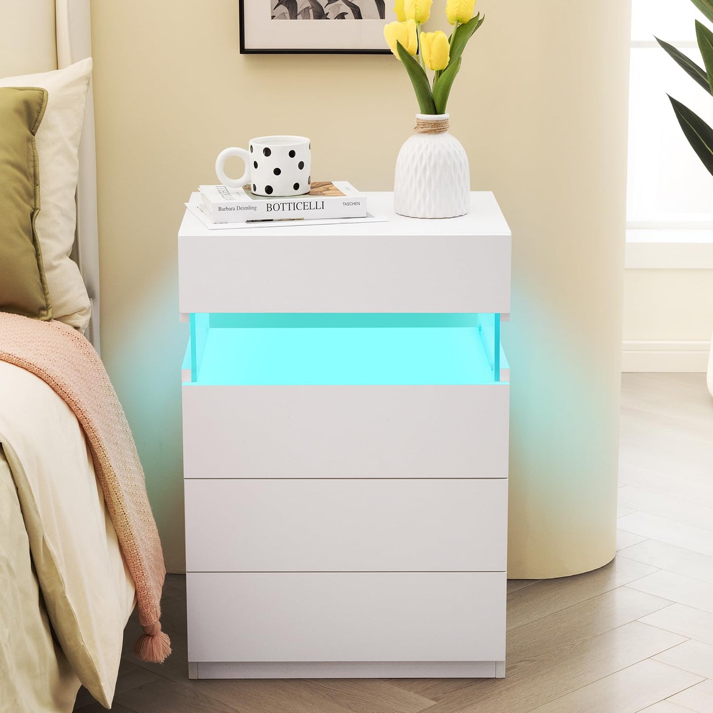 Bingoday White Nightstand Set of 2 LED Nightstands Set of 2 Night Stand Set 2 with 4 Drawers Modern Bedside Tables for Bedroom, Living Room (White)