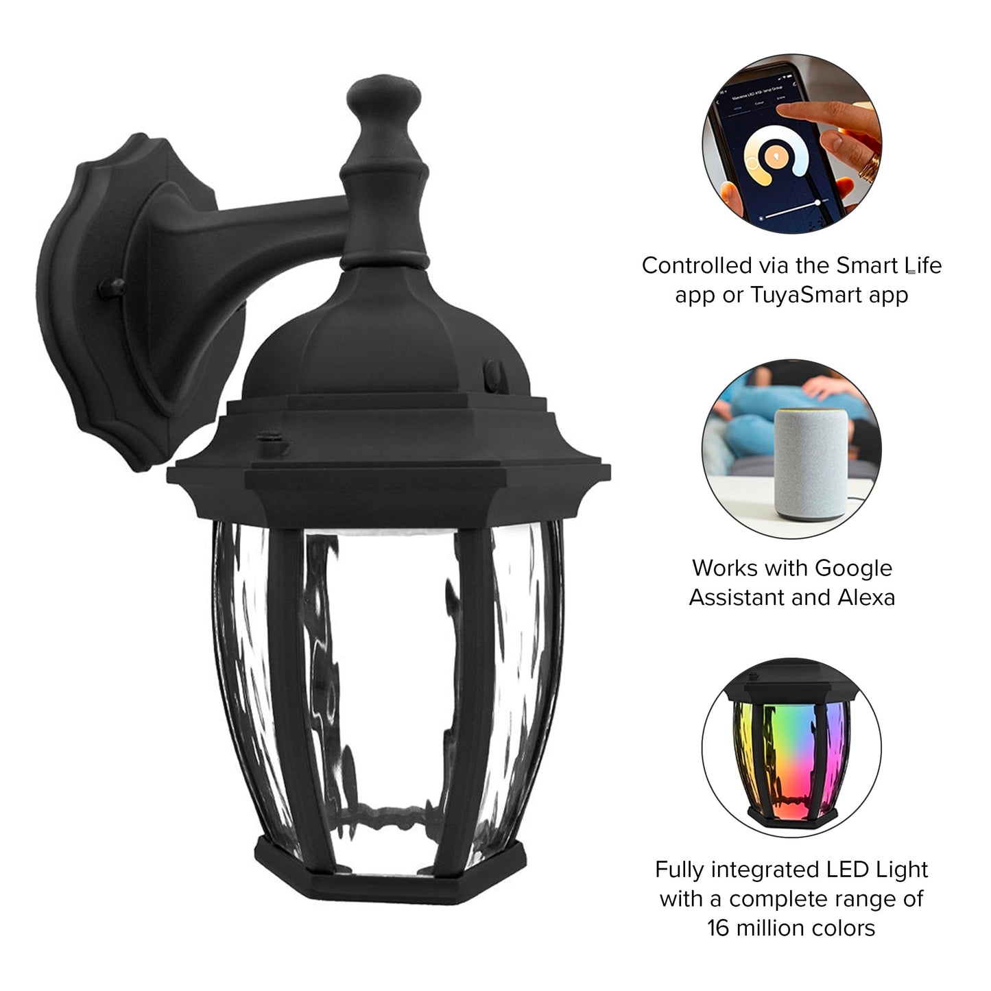 Maxxima Luvoni Smart WiFi LED Outdoor Wall Light, Black w/Clear Water Glass, App Controlled Porch Lantern, 850 Lumens, CCT 2700K - 6500K, Dimmable, Works with Google Home/Alexa