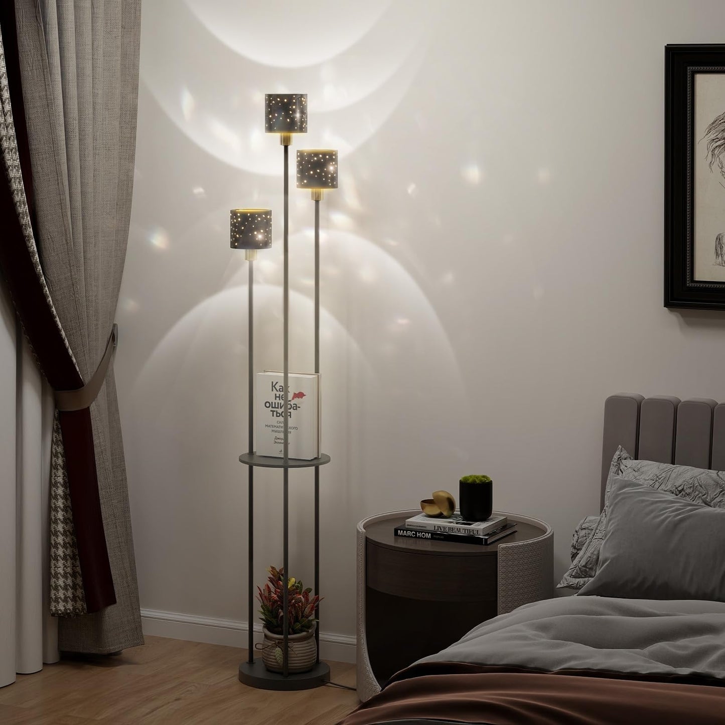 Modern Black Floor Lamp with 3 Lights Standing Shelves for Living Room and Bedroom Tall Standard