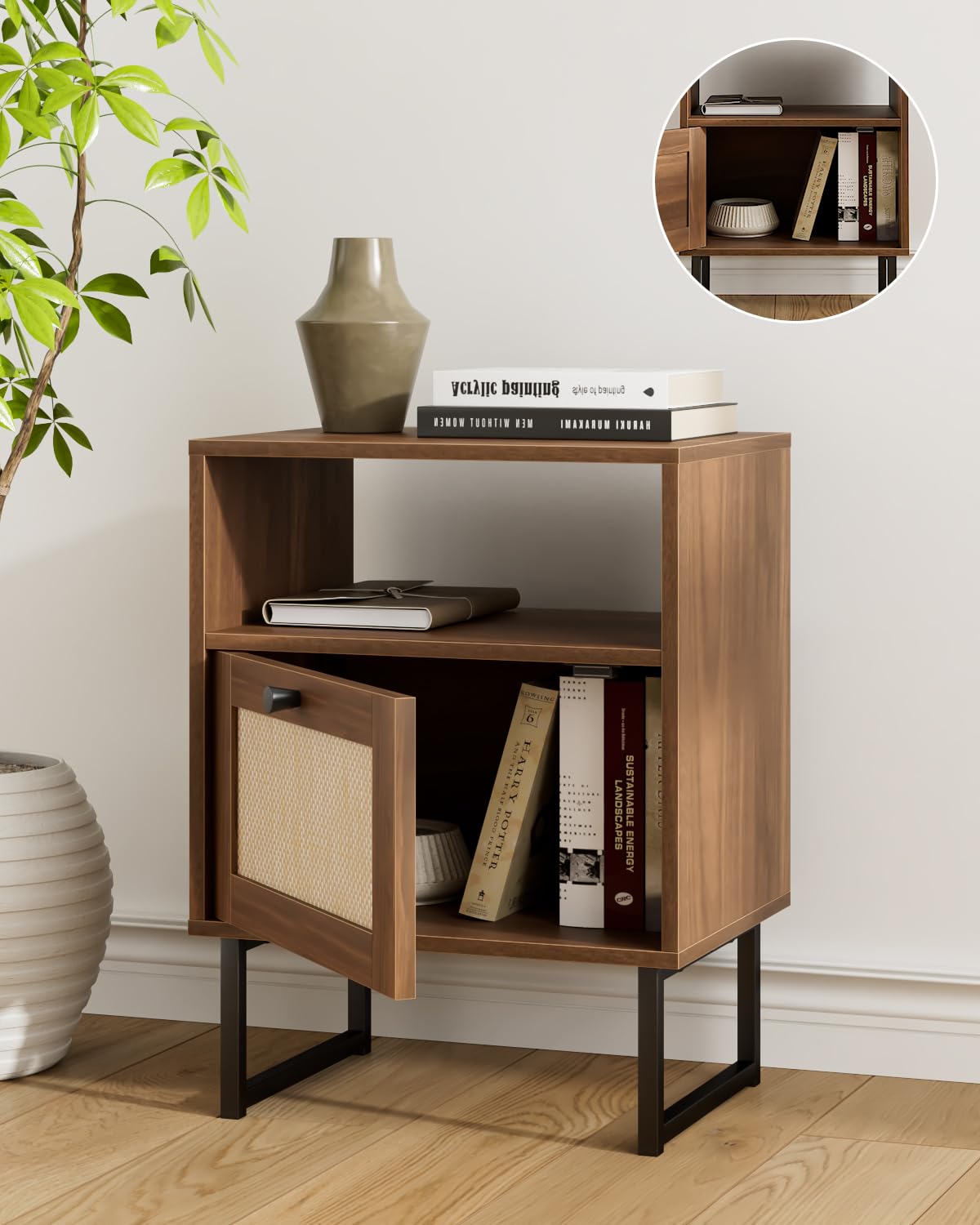 Apetaccat Rattan Nightstand, Boho Night Stand Farmhouse Wood Bedside Table with Storage and Open Shelf, End Side Accent Table for Bedroom,Living Room,Walnut