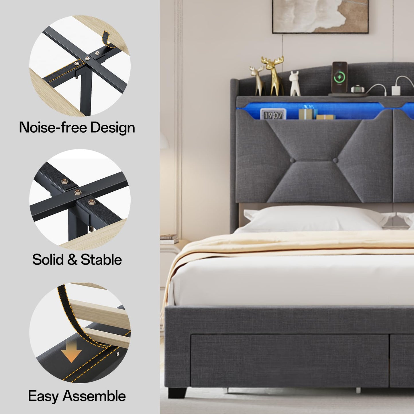 VINTLJUS Queen Size Bed Frame, Queen Bed Frame with Storage Drawers, Upholstered Bed Queen Size with Charging Station and LED Lights, Easy Assembly, Grey