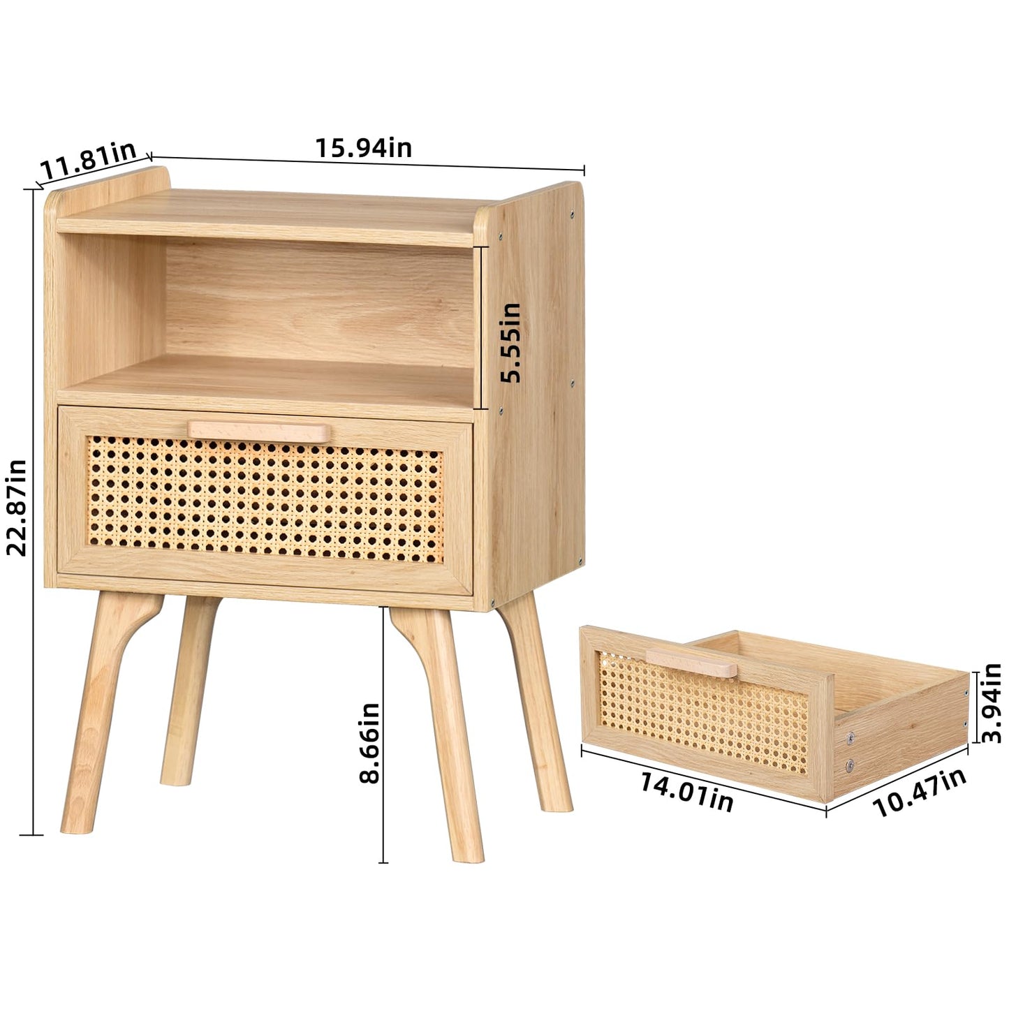 Lerliuo Rattan Nightstands Set of 2, Boho Side Table with Drawer Open Shelf, Cane Accent Bedside End Table with Solid Wood Legs for Bedroom, Dorm and Small Spaces (Natural)
