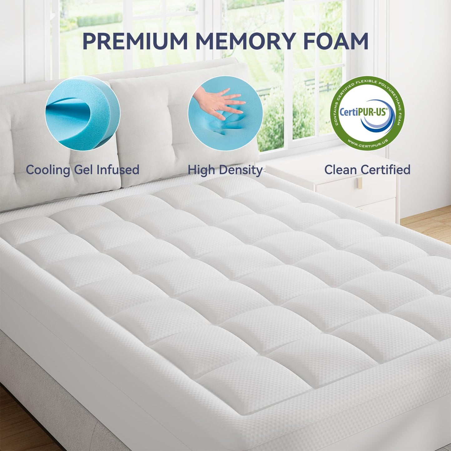 ELEMUSE Queen Size Dual Layer 3 Inch Memory Foam Mattress Topper, 2 Inch Cooling Gel Memory Foam and 1 Inch Thick Soft Pillow Top Mattress Pad Cover for Back Pain Relief, Bed Topper for Side Sleep