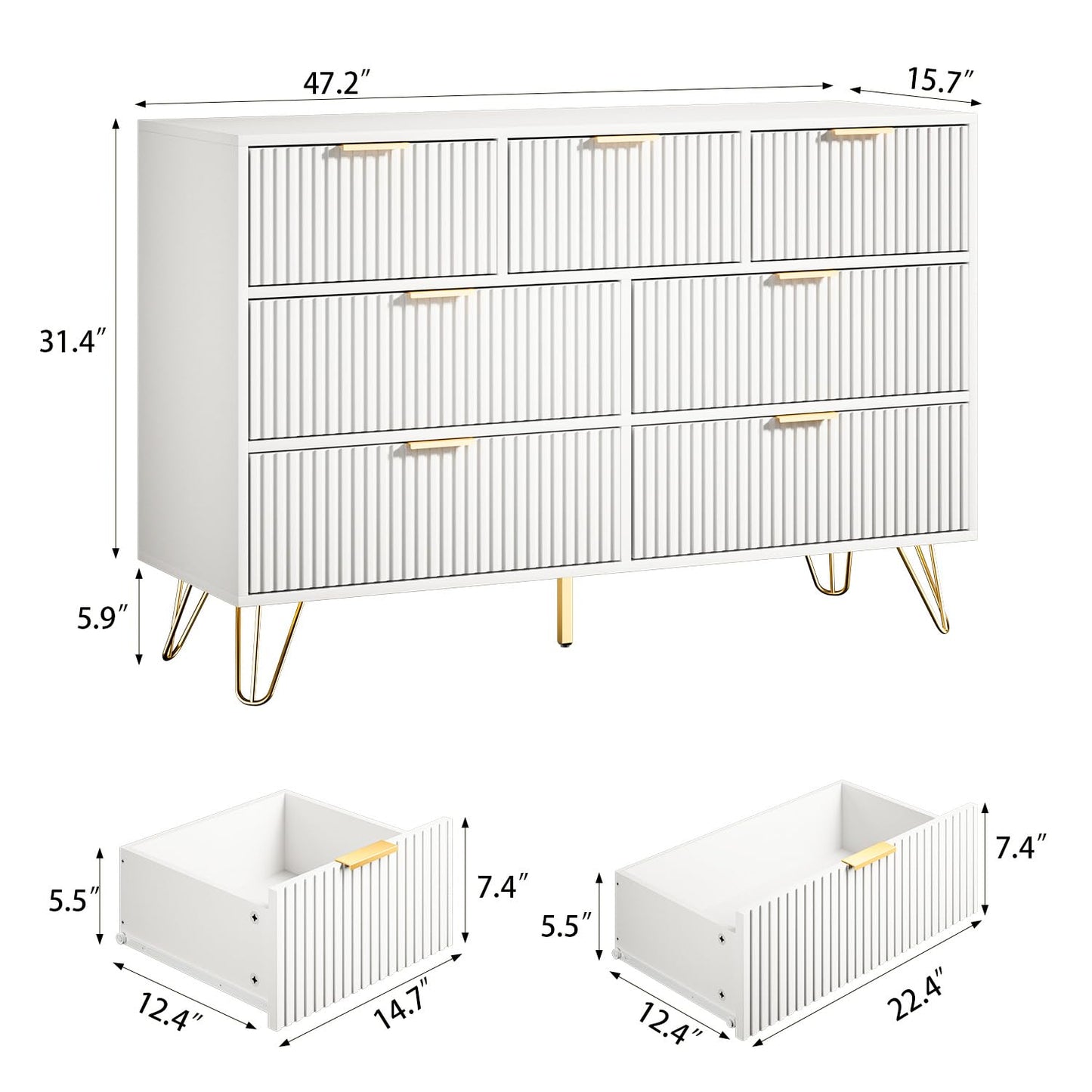 Furniway Dresser for Bedroom, Fluted Modern Dresser with Gold Pulls and 7 Drawers, 15.7" D x 47.2" W x 31.4" H, White