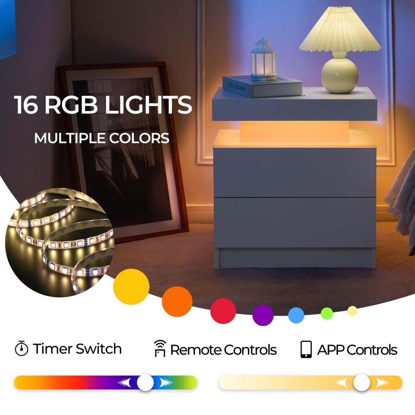 i-aplus Nightstand Set of 2 LED Nightstand with 2 Drawers,Night Stand Set 2 with LED Light,Bedside Table with Drawers for Bedroom,White