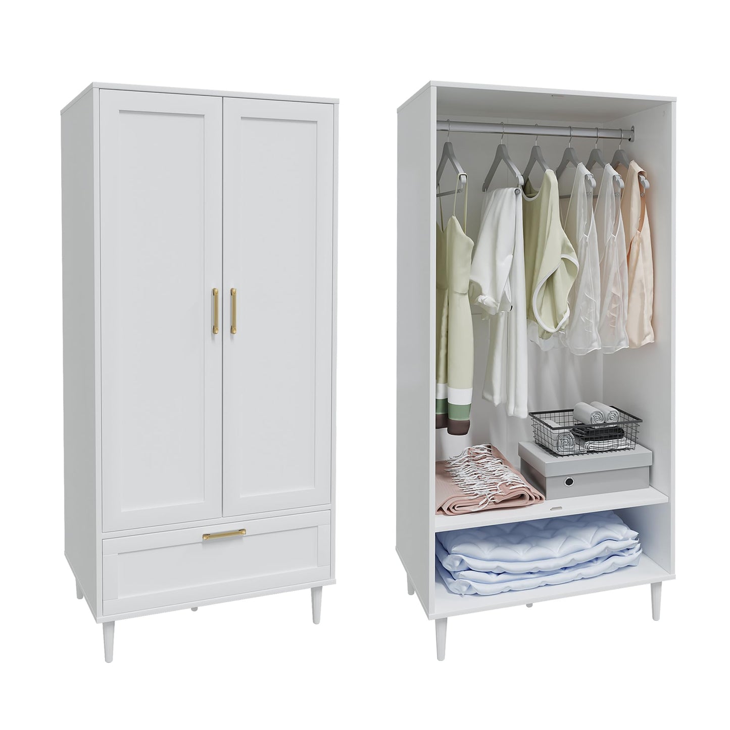 ALBSL Bedroom Armoire Wardrobe Closet with Hanging Rod,60" 2 Door Almirah for Clothes with Drawers,Morden Storage Cabinet,White