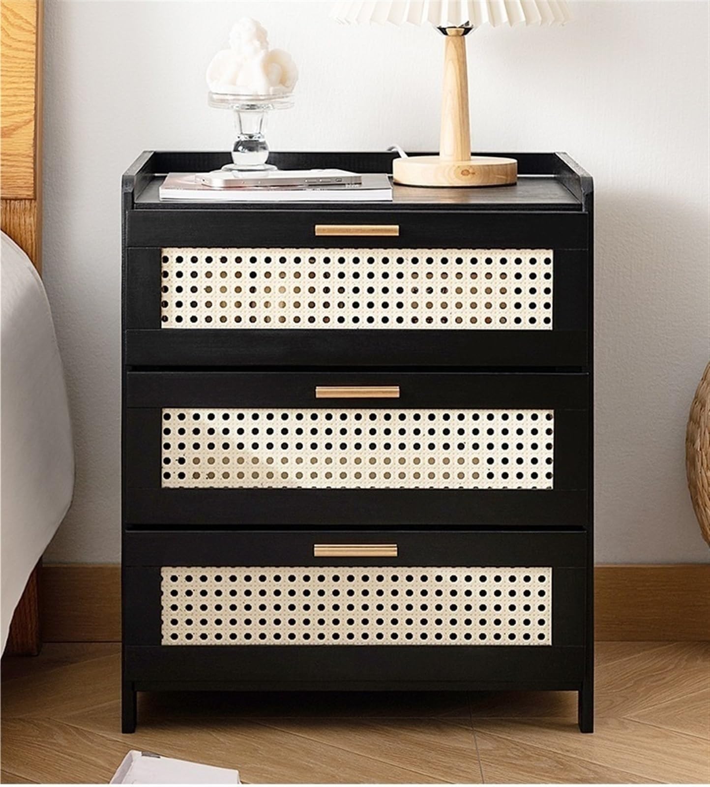 Boho Nightstand, End Table for Bedroom,Rattan Nightstand End Table,3Drawers Storage Ideal for Living Room and Small Space (Brown) ，Ideal Choice for Room(Brown)