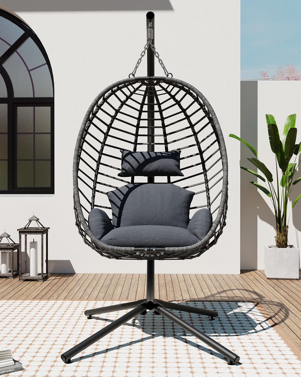 SWITTE Egg Swing Chair with Stand, Outdoor Patio Hanging Egg Chair, Indoor Hammock Chair with Cushion for Garden Backyard, 350LBS Capacity-Dark Grey