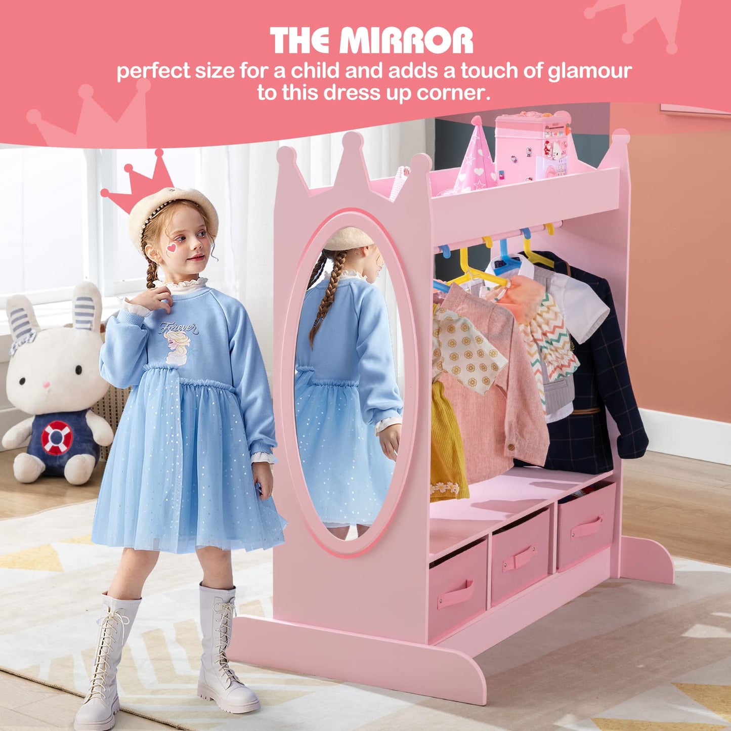 COSVALVE Kids Armoire Dress-Up Storage w/Mirror and Drawers,Dress up Closet,Costume Dress up Wardrobe, Pretend Storage Closet w/Side Pocket Top Shelf for Shoes,Lovely Pink for Girls Room
