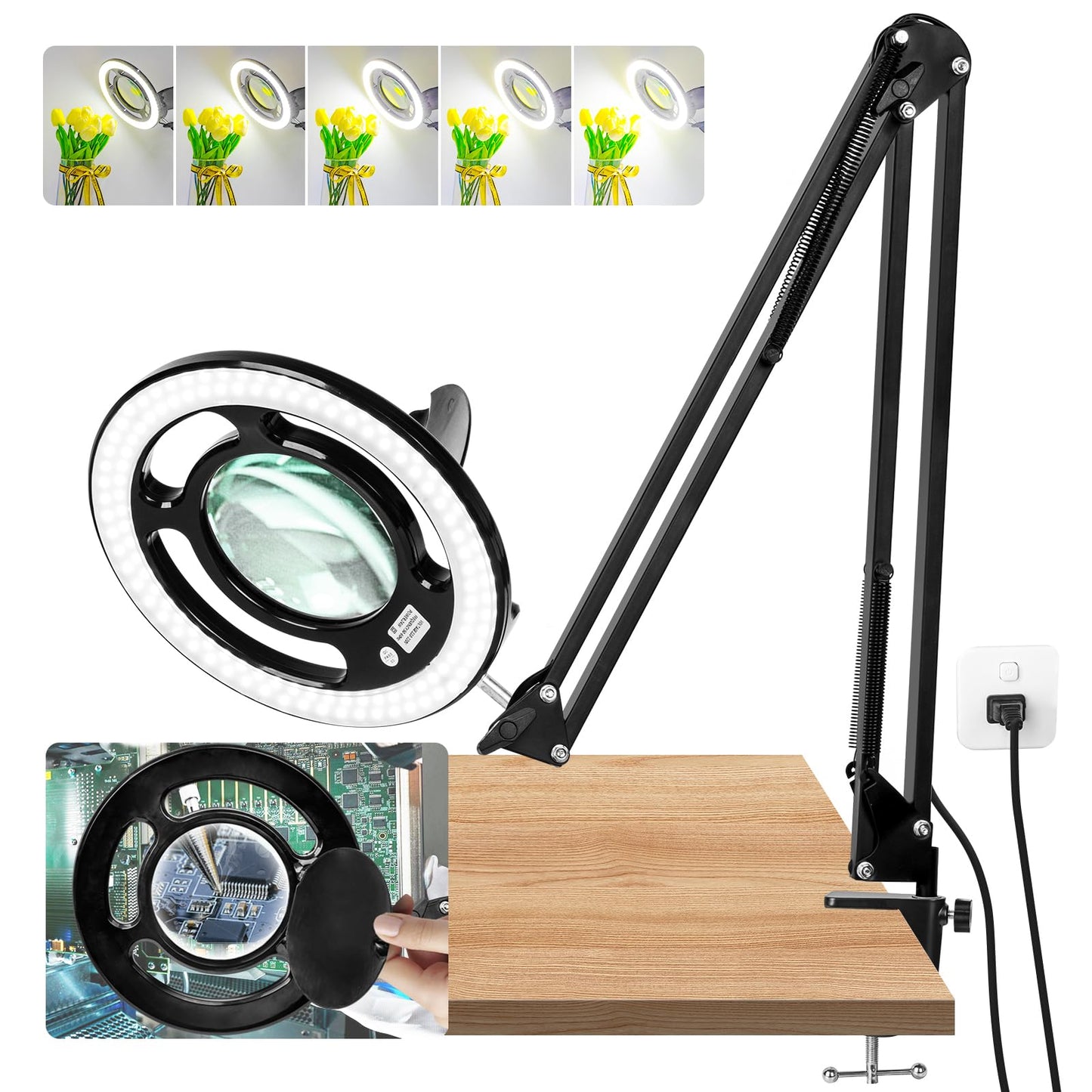 HITTI 10X Long Magnifying Glass with Light and Stand, 2200 Lumens Dimmable Bright LED Lighted Magnifier, Ajustable Swing Arm Magnifying Desk Lamp with Clamp, Hands Free for Hobby Repair Workbench