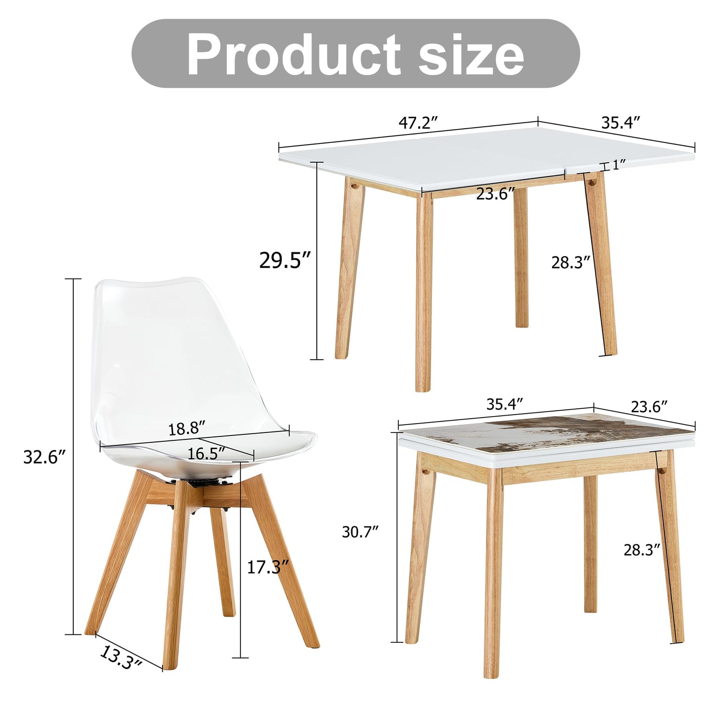 JEARGE 35-47" Marble Dining Table Set for 4, Extendable Dining Table Set for 4, Stone Table Top with Wood Stand, Small Transformer Dining Set Ideal for Small Spaces and Apartments