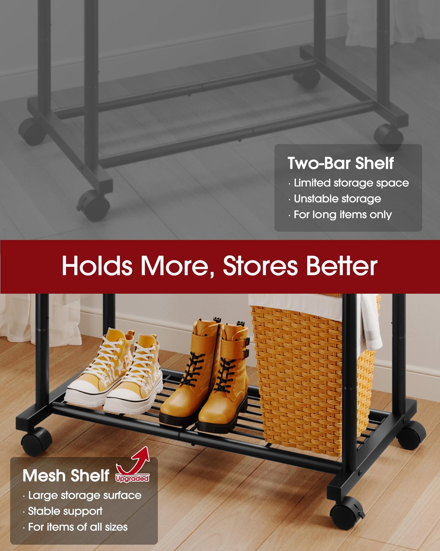 Sakugi Clothes Rack - Double Rods Clothing Rack with Mesh Shelf, Hooks & Wheels, Metal Clothing Racks for Hanging Clothes & Bags, Multifunctional Garment Rack for Laundry, Black, 28.7" x 16.5" x 59.1"