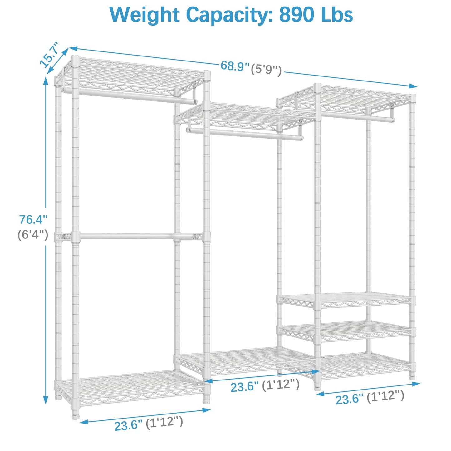 VIPEK V5 Portable Closet Wardrobe Heavy Duty Clothes Rack, Freestanding Clothing Racks with 4 Hang Rods & 8 Shelves, Adjustable Custom Closet Racks, 68.9" L x 15.7" W x 76.4" H, Max Load 800LBS, White